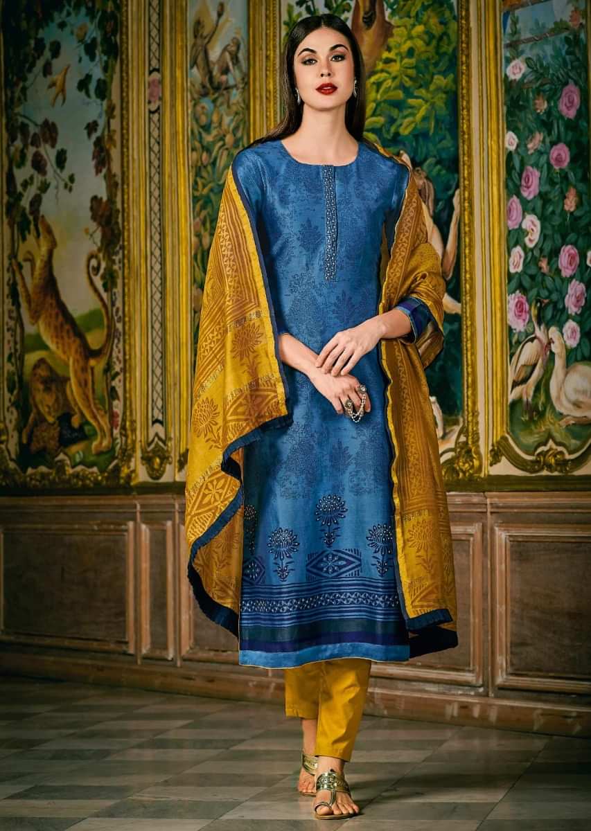 Royal Blue Suit In Silk With Self Printed Jaal Work All Over Along With Sequin Work Online - Kalki Fashion