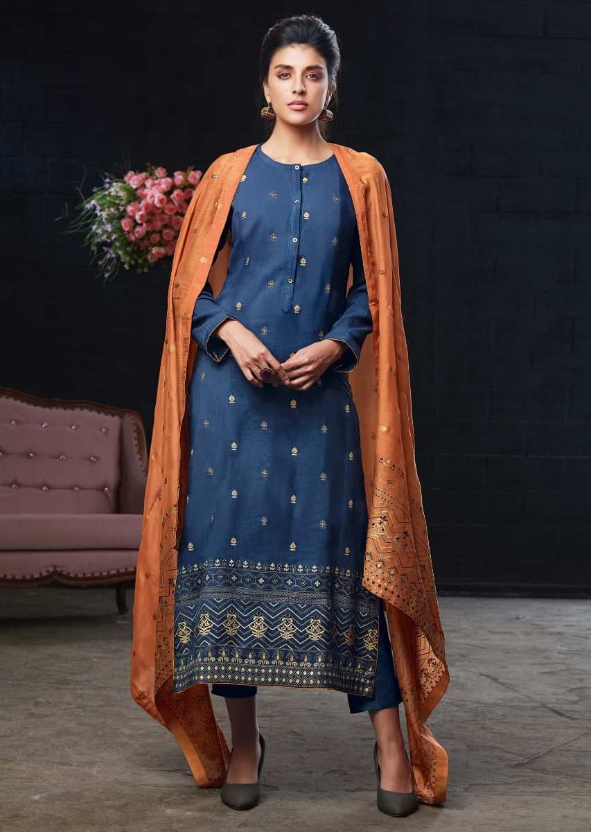 Royal blue unstitched suit in foil printed floral and geometric motif