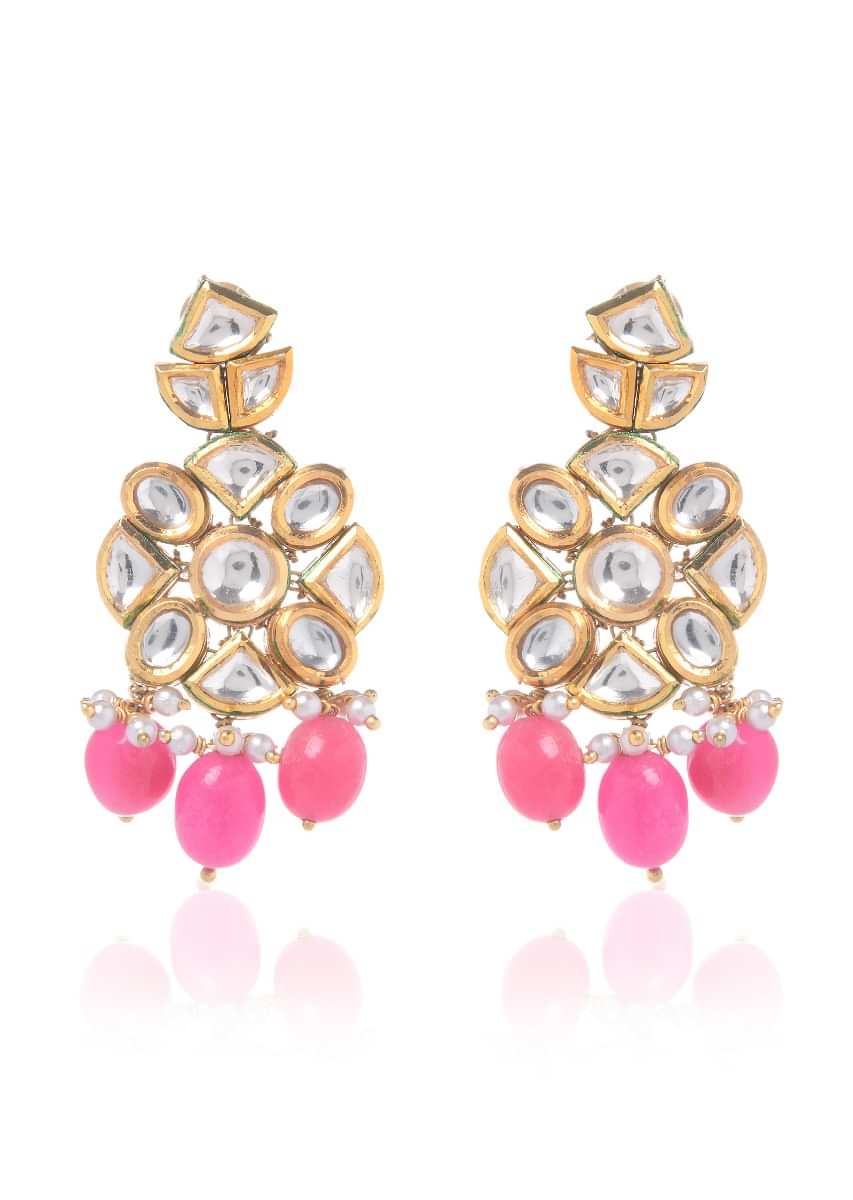 Royal Indian Beaded Earrings Featuring Dangling Pink Stones And Kundan Arranged In Floral Motif By Paisley Pop
