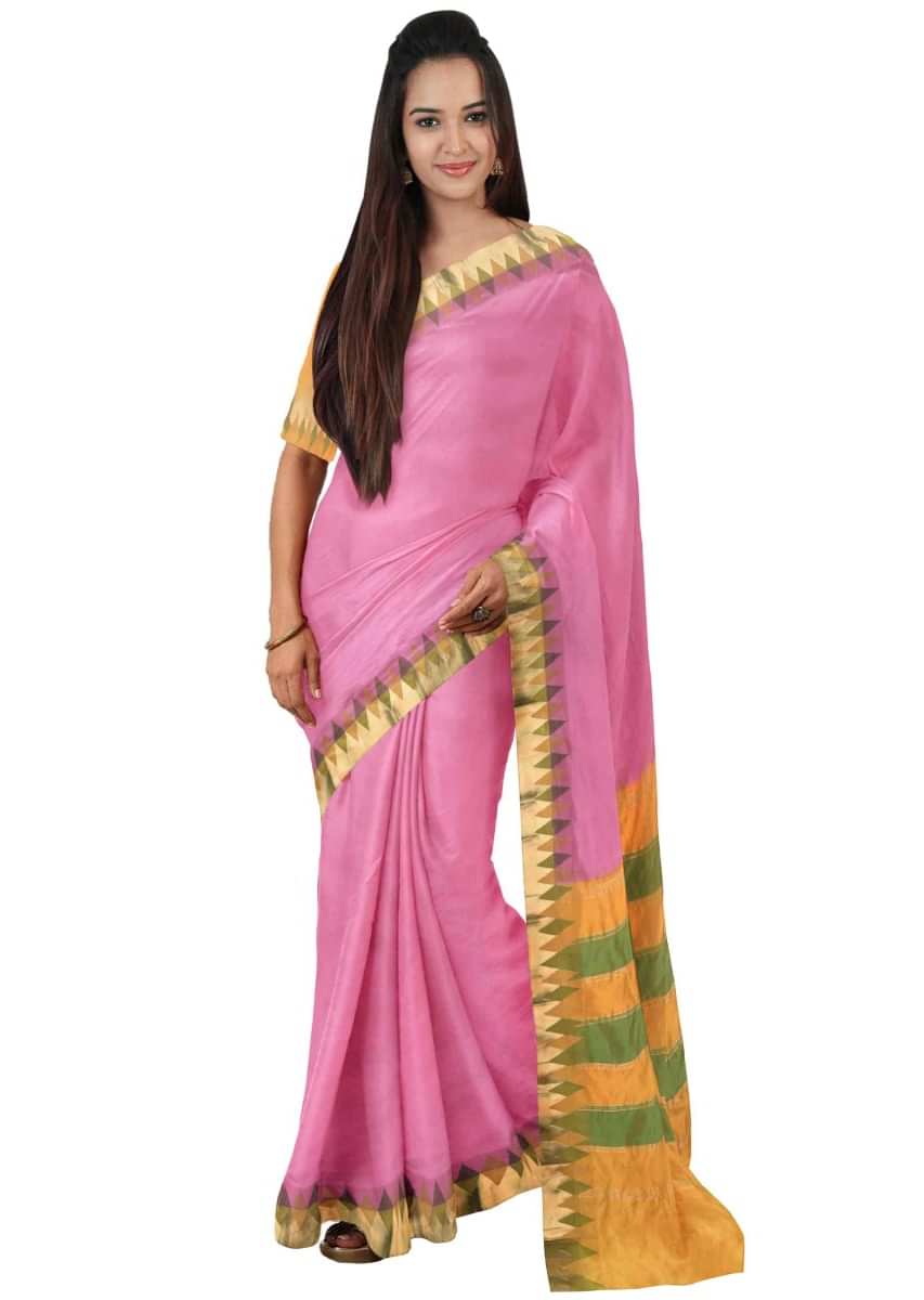 Handwoven Purple Small Border Saree with Yellow Blouse – WeaverStory