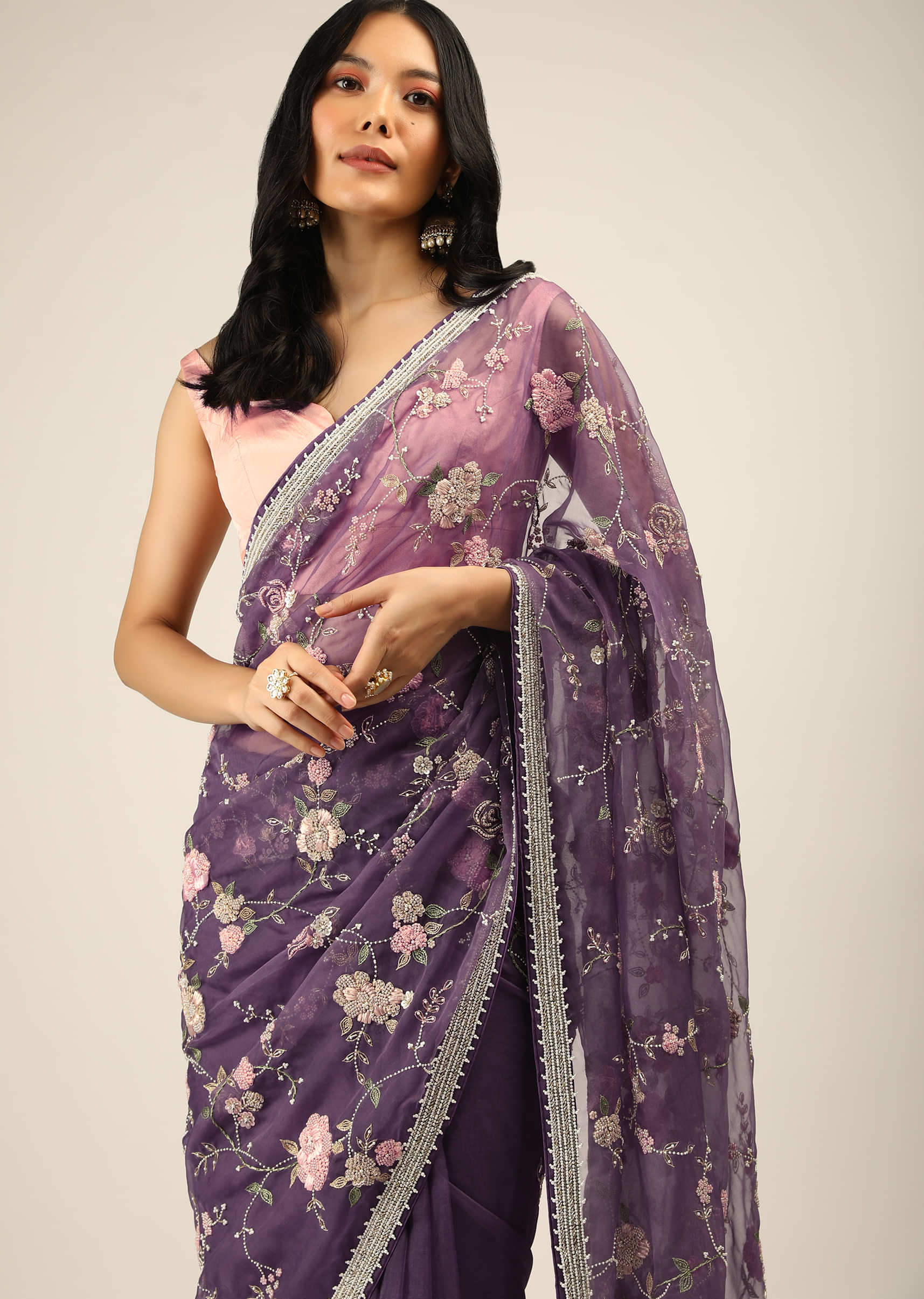 Royal Purple Saree In Organza With Moti, Resham And Cord Embroidered Floral Motifs On The Pallu  