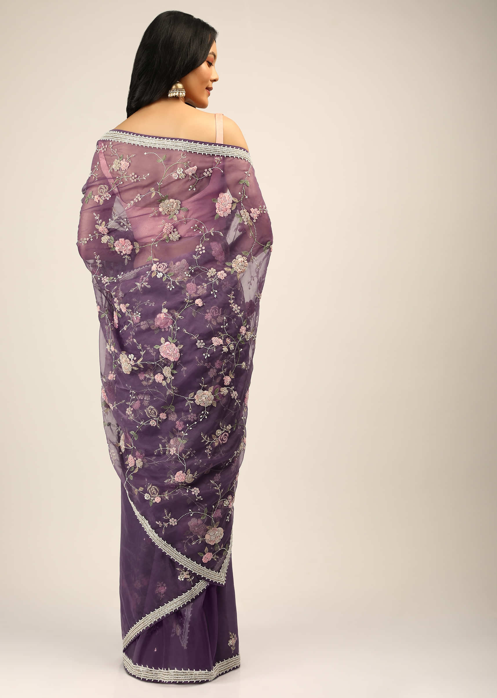 Royal Purple Saree In Organza With Moti, Resham And Cord Embroidered Floral Motifs On The Pallu  