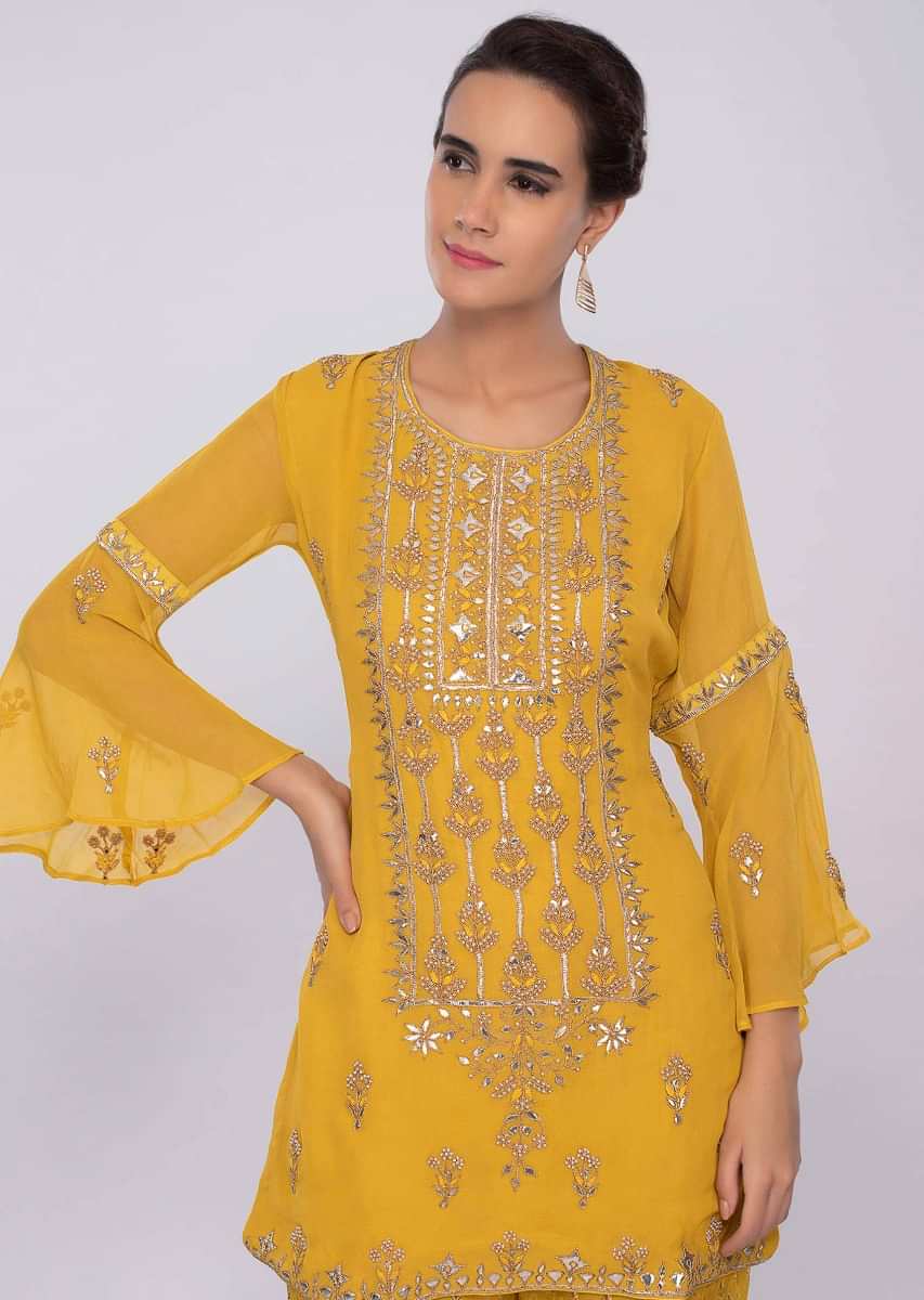 Royal Yellow Sharara Suit Set In Georgette With Embroidery Online - Kalki Fashion
