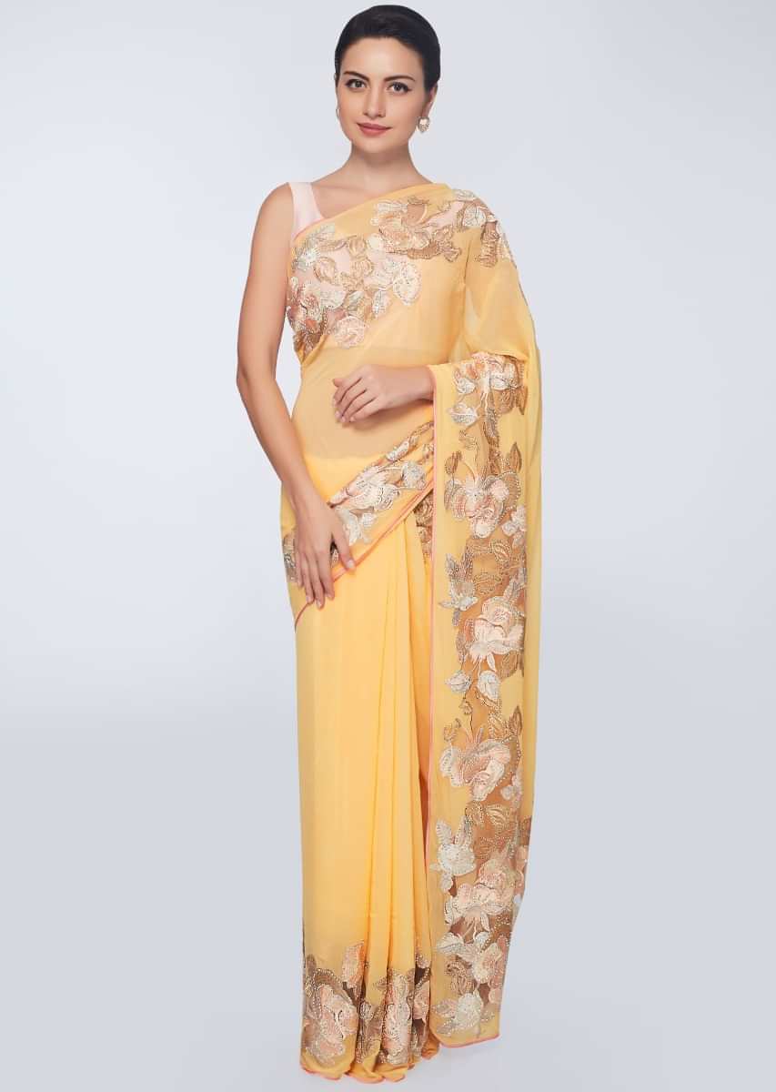 Royal yellow georgette saree with net embroidered border only on Kalki
