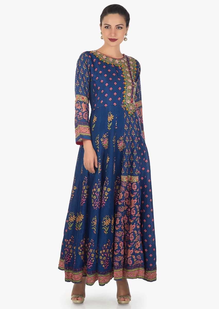 Royal blue dress in santoon with floral print and resham embroidery neck only on Kalki