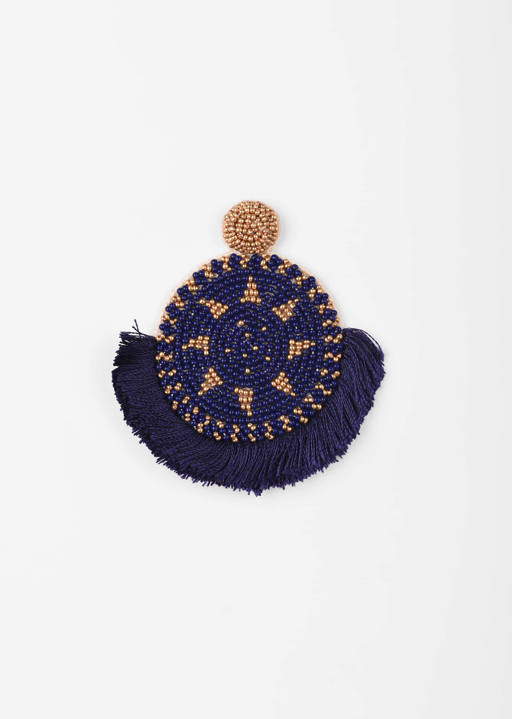 Royal Blue Earrings With Gold And Pink Beads Embroidery And Thread Fringes 