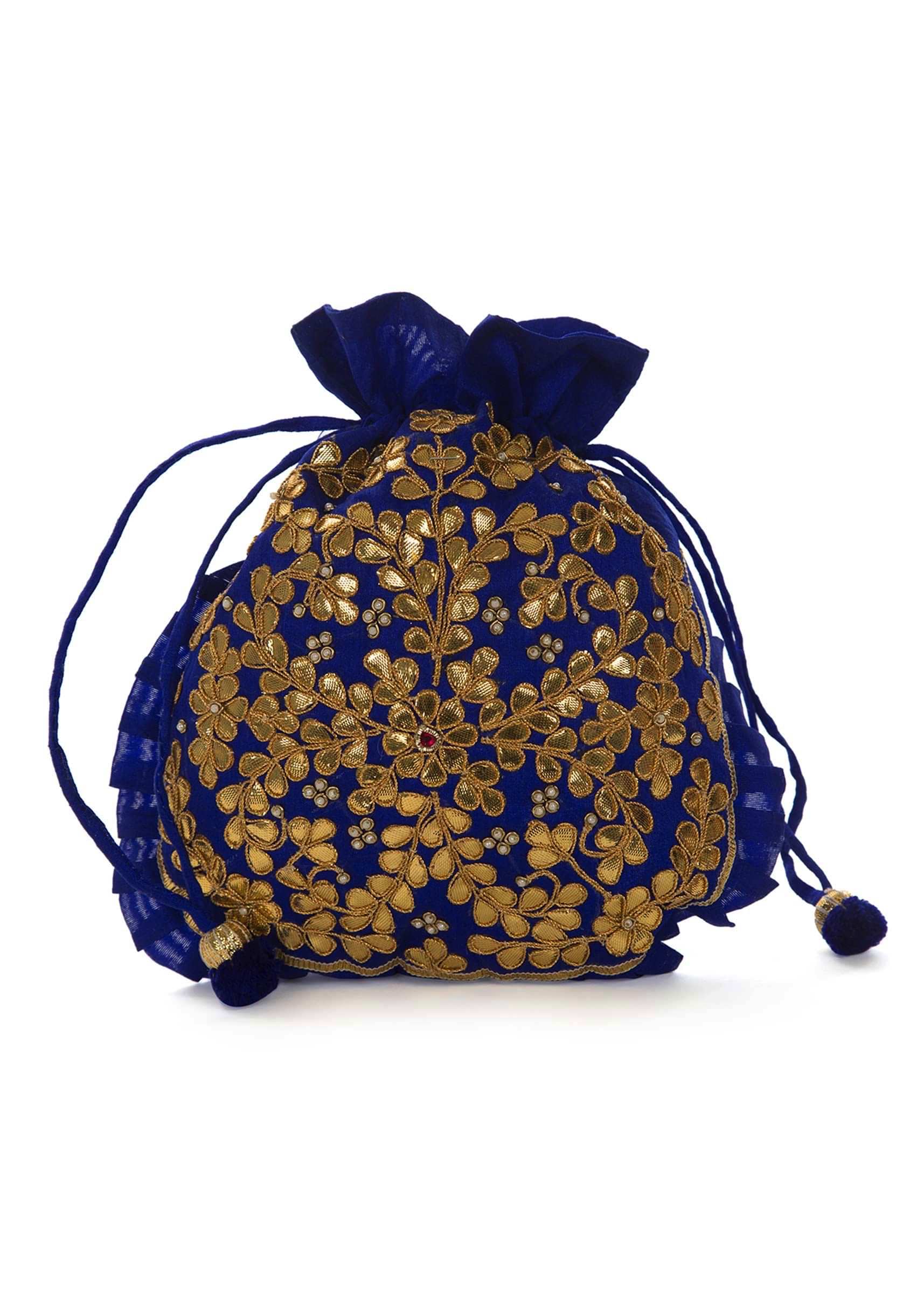 Royal Blue Potli Bag Beautified In Gotta Patti Embroidered Work Online - Kalki Fashion