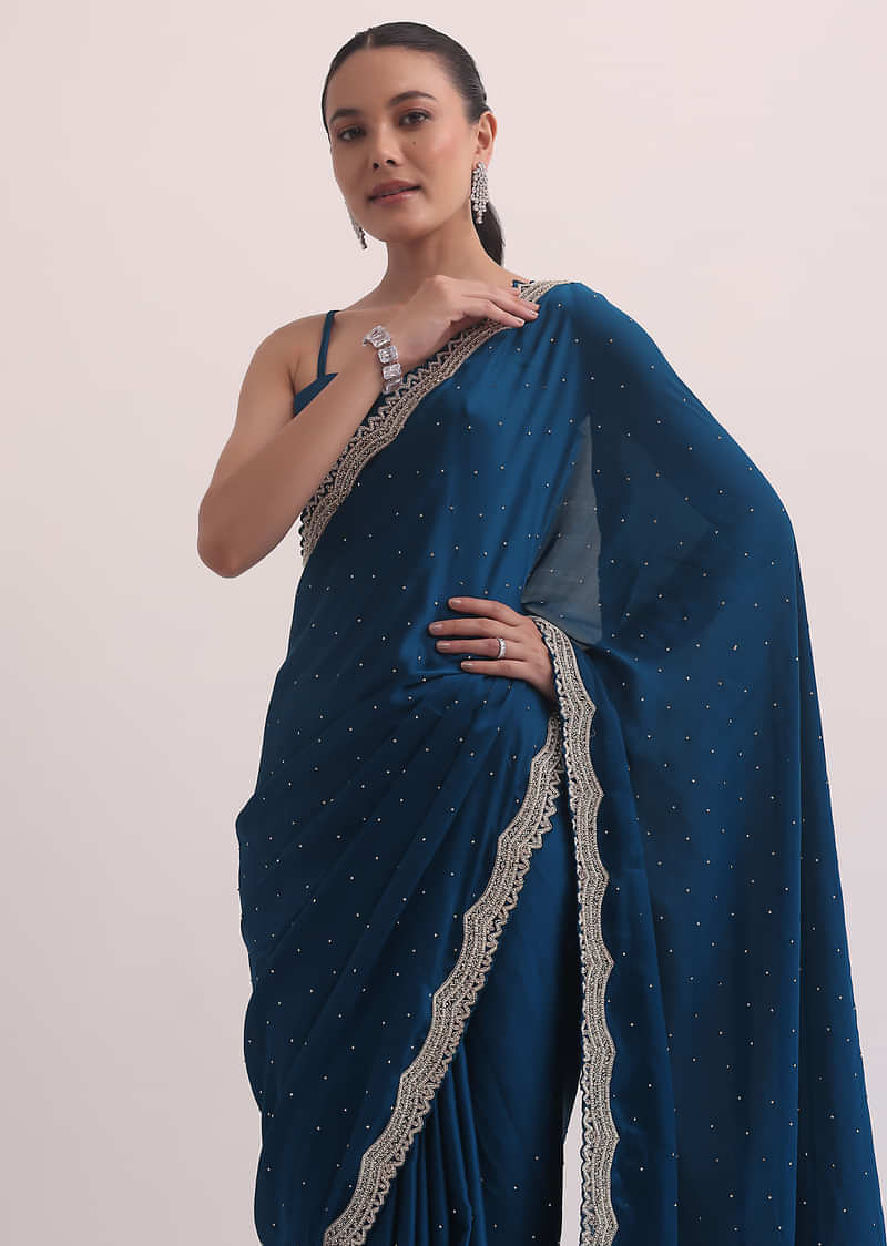 Buy Royal Blue Satin Saree In Cutdana Embroidery With Unstitched Blouse.
