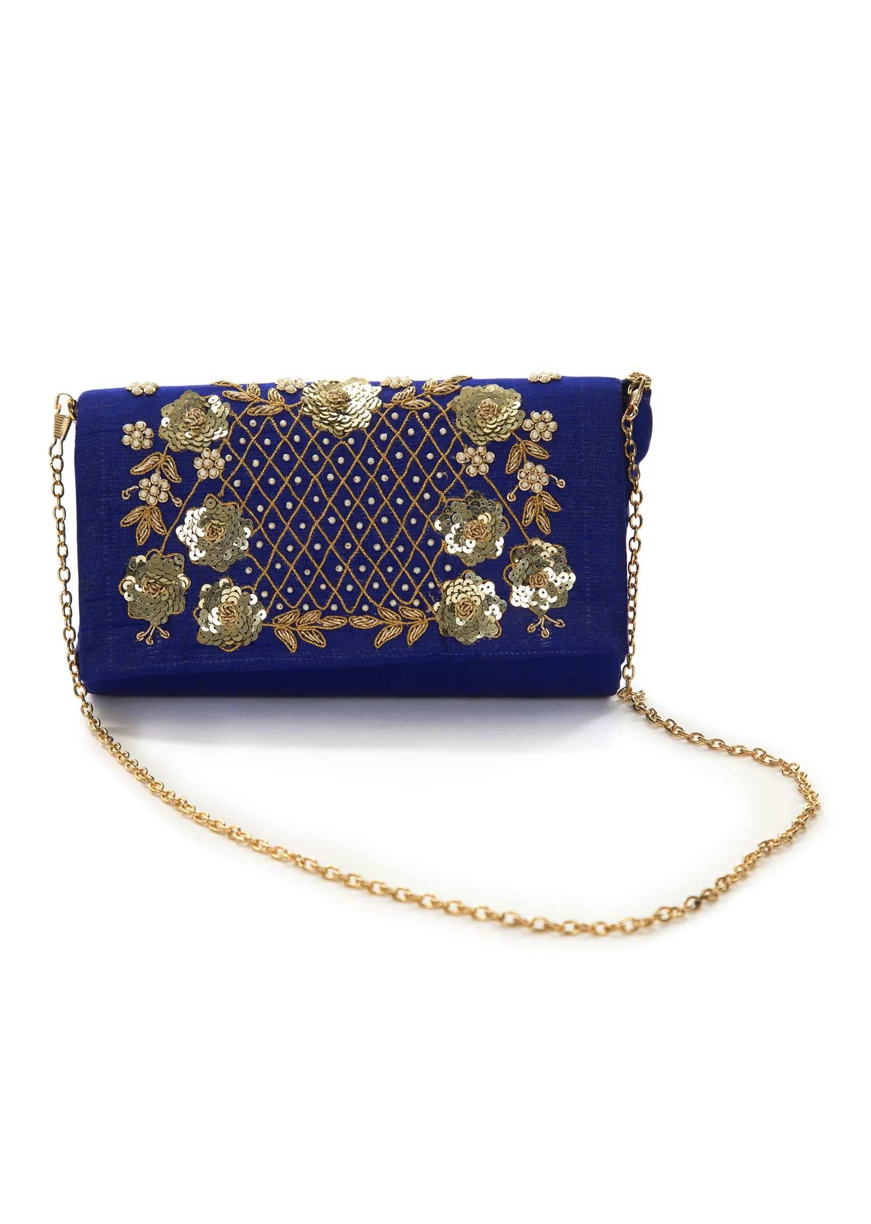 Royal blue sling bag embroidered in zari and sequin work only on Kalki