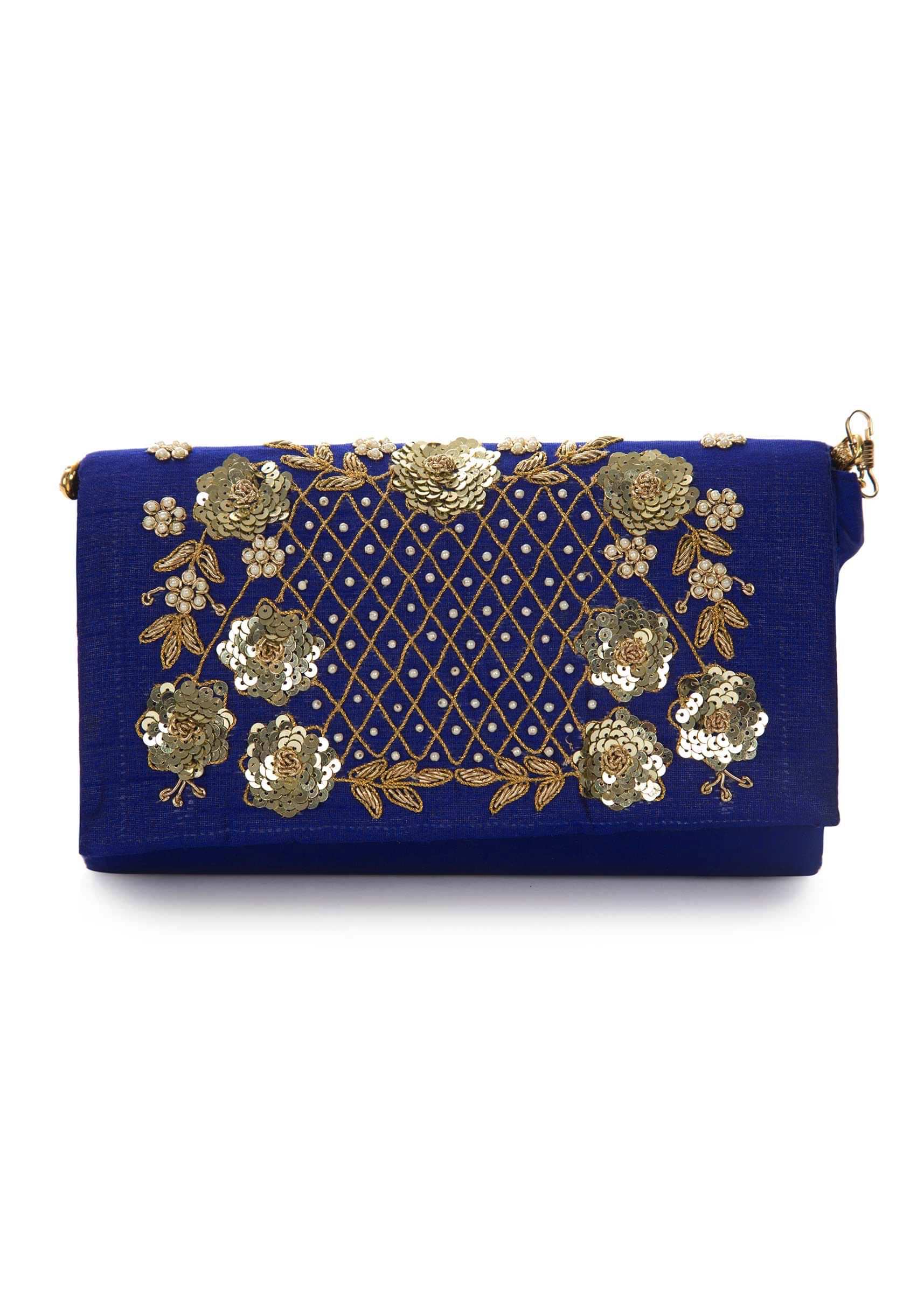 Royal blue sling bag embroidered in zari and sequin work only on Kalki