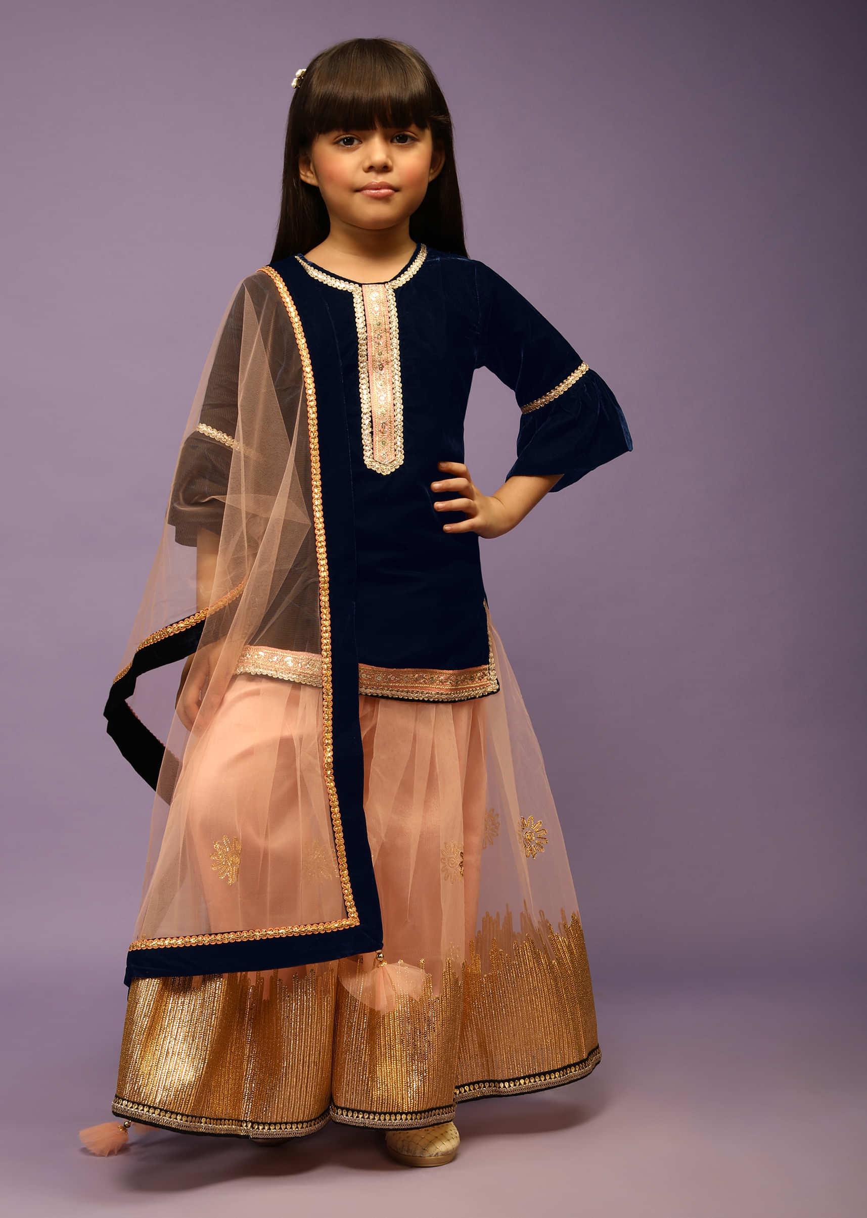 Kalki Girls Royal Blue Suit In Velvet With Peach Palazzo Adorned In Gotta Lace  