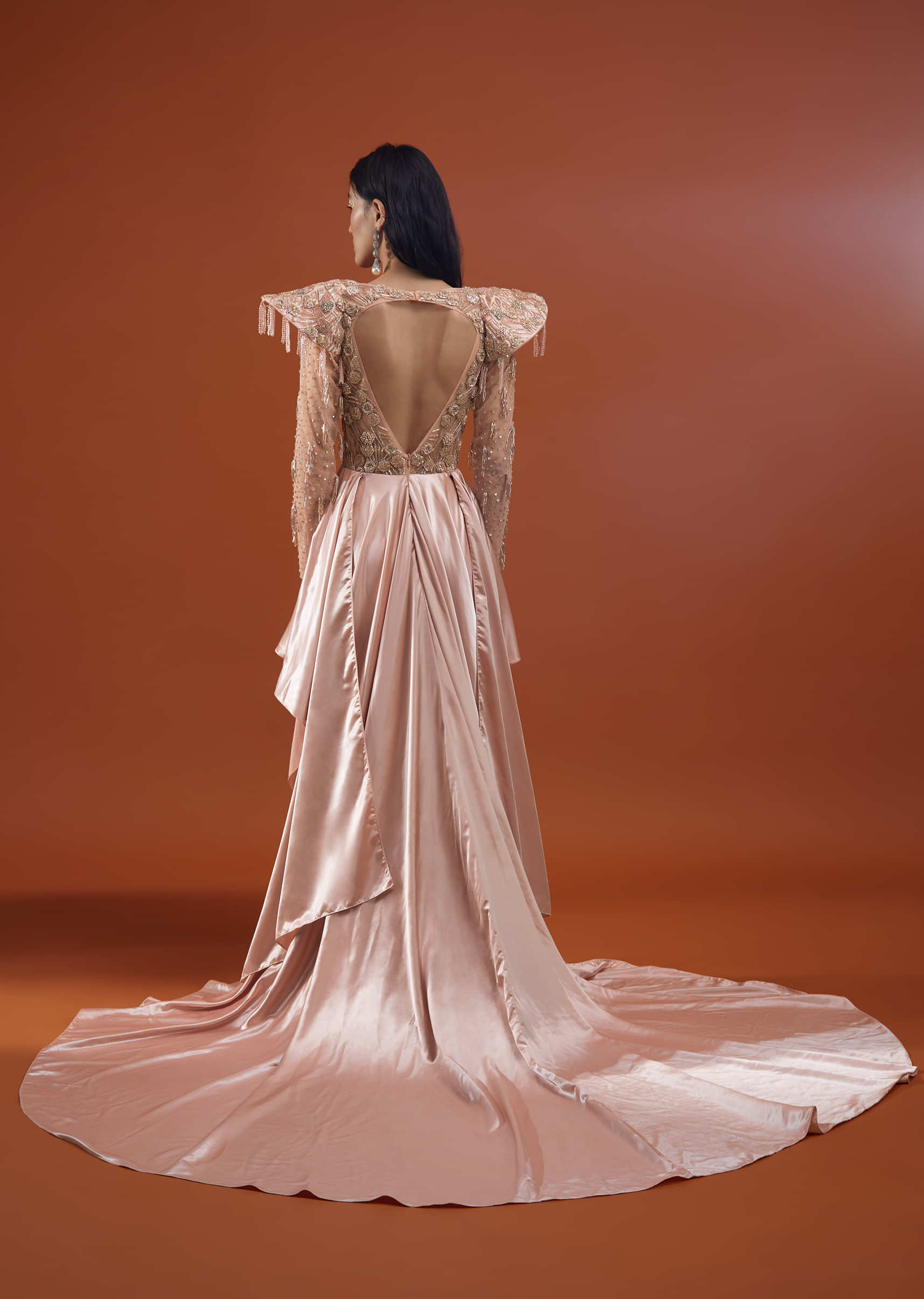 Peach Pink Royal Retreat Gown In Satin Milano With Cap Sleeves Embroidery- NOOR 2022