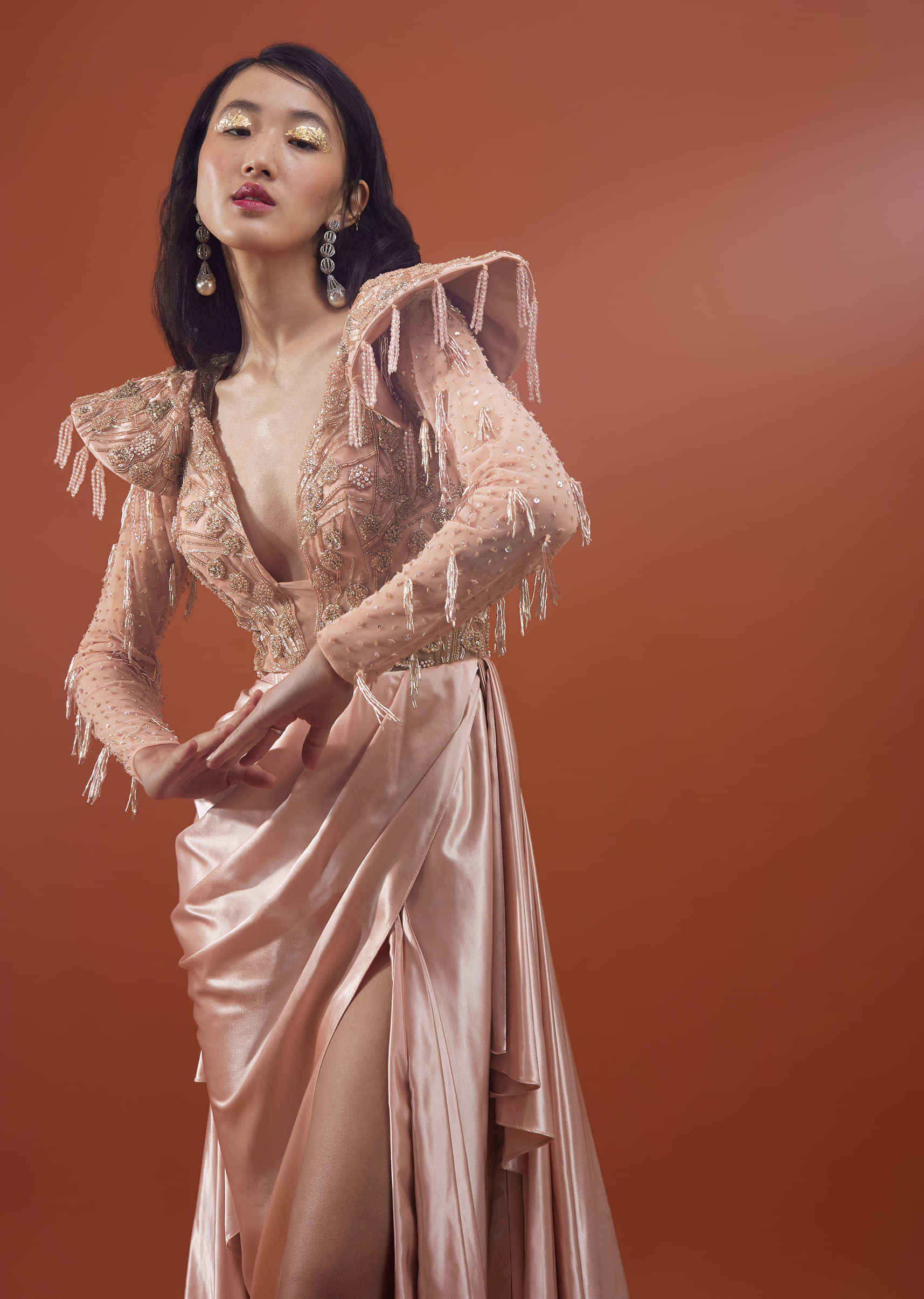 Peach Pink Royal Retreat Gown In Satin With Embroidererd Cap Sleeves - NOOR 2022