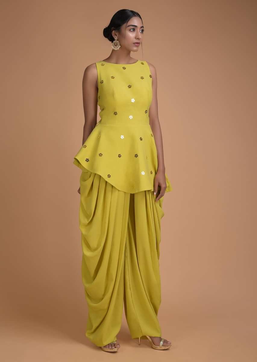 Royal Yellow Dhoti Suit With Peplum Top And Floral Cut Mirror Buttis Online - Kalki Fashion