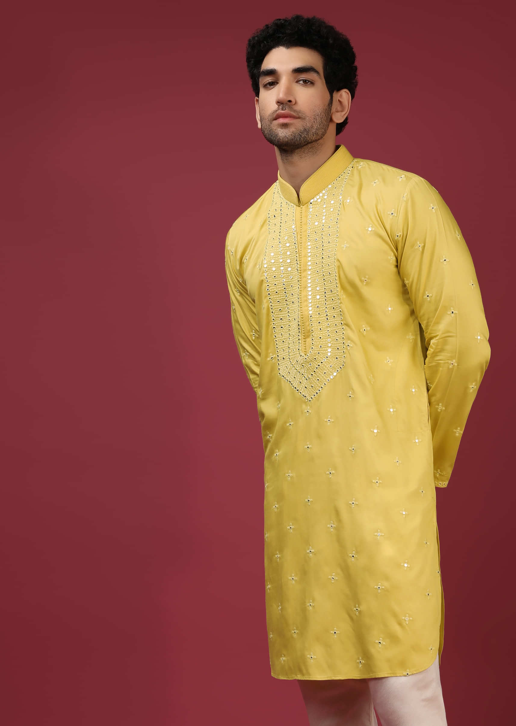 Royal Yellow Kurta Set In Cotton With Thread And Abla Embroidered Yoke Design And Buttis  