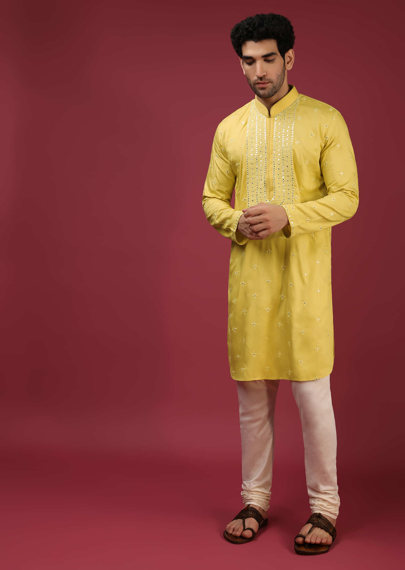 Royal Yellow Kurta Set In Cotton With Thread And Abla Embroidered Yoke Design And Buttis  