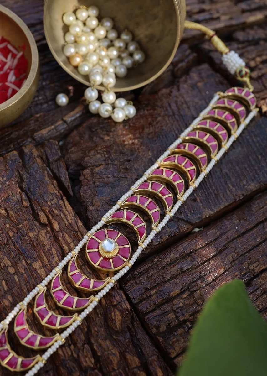 Ruby Red Choker Necklace In Moon Shape Lined With Pearls On The Edges By Paisley Pop