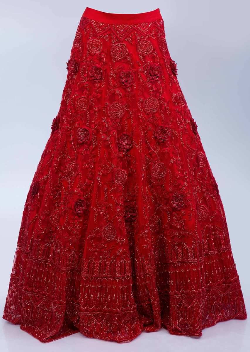 Ruby Red Lehenga Set In Embroidered Net With Floral And Temple Motif Online - Kalki Fashion