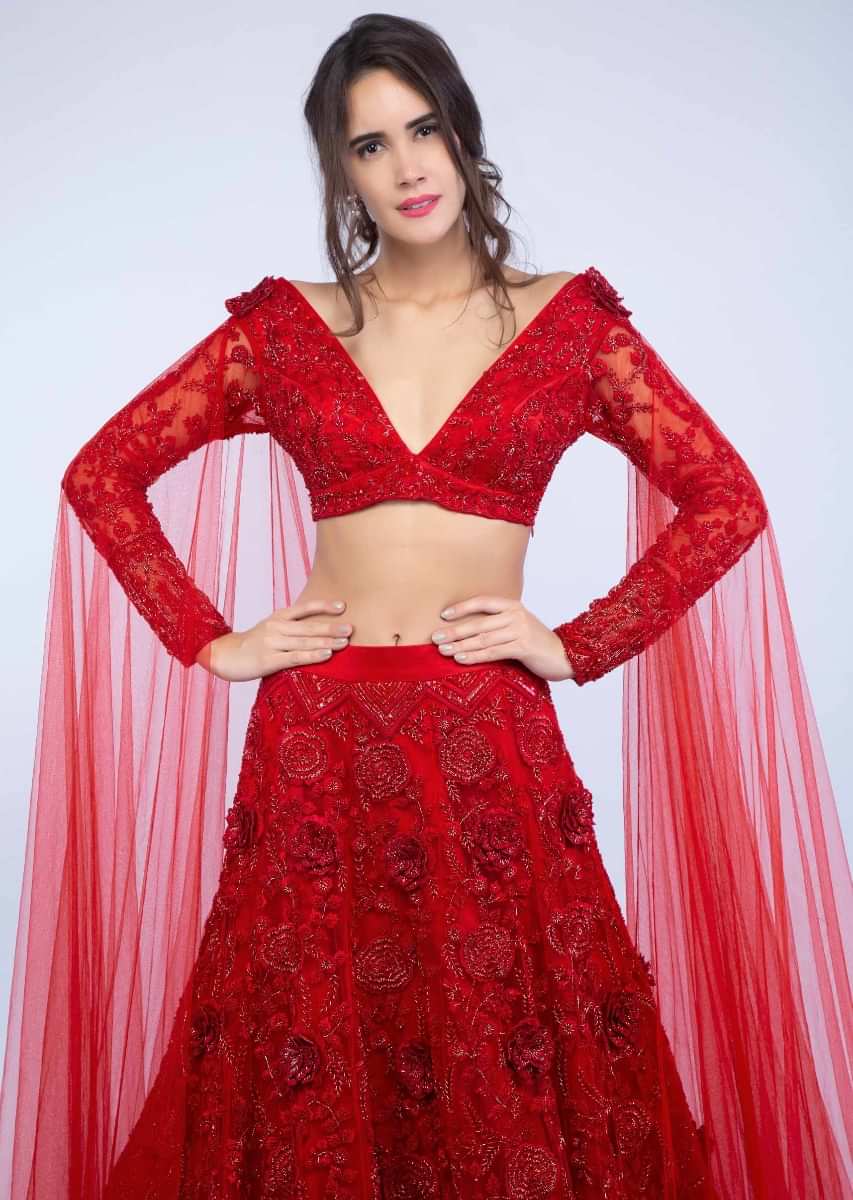 Ruby Red Lehenga Set In Embroidered Net With Floral And Temple Motif Online - Kalki Fashion