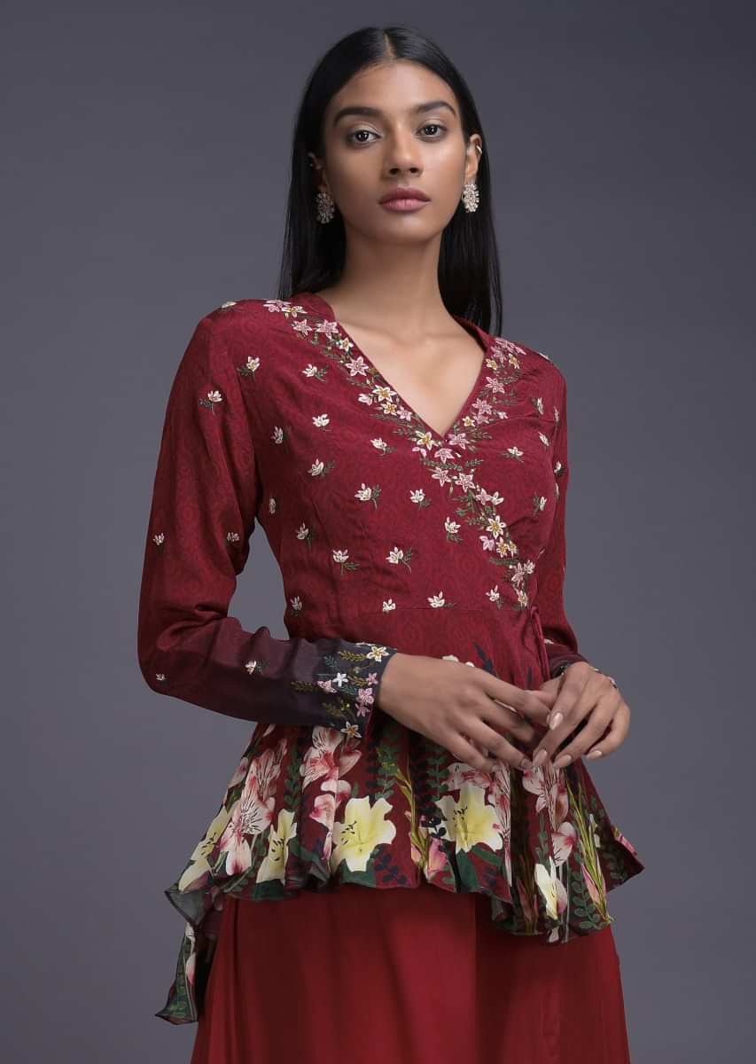 Buy Rust Red Lehenga And Peplum Top In Angrakha Style With Floral Print And  Embroidery Online - Kalki Fashion