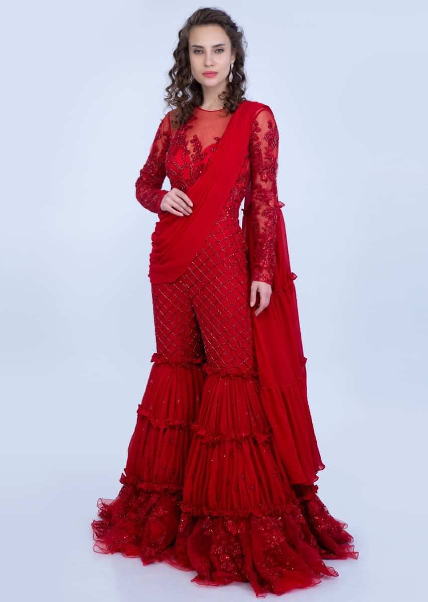 Ruby Red Sharara Style Jumpsuit Saree With Draped Pallu Online - Kalki Fashion