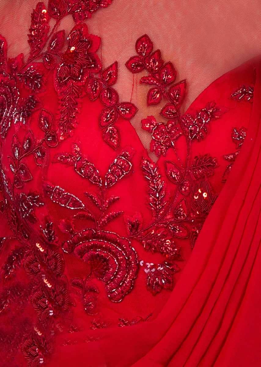 Ruby Red Sharara Style Jumpsuit Saree With Draped Pallu Online - Kalki Fashion