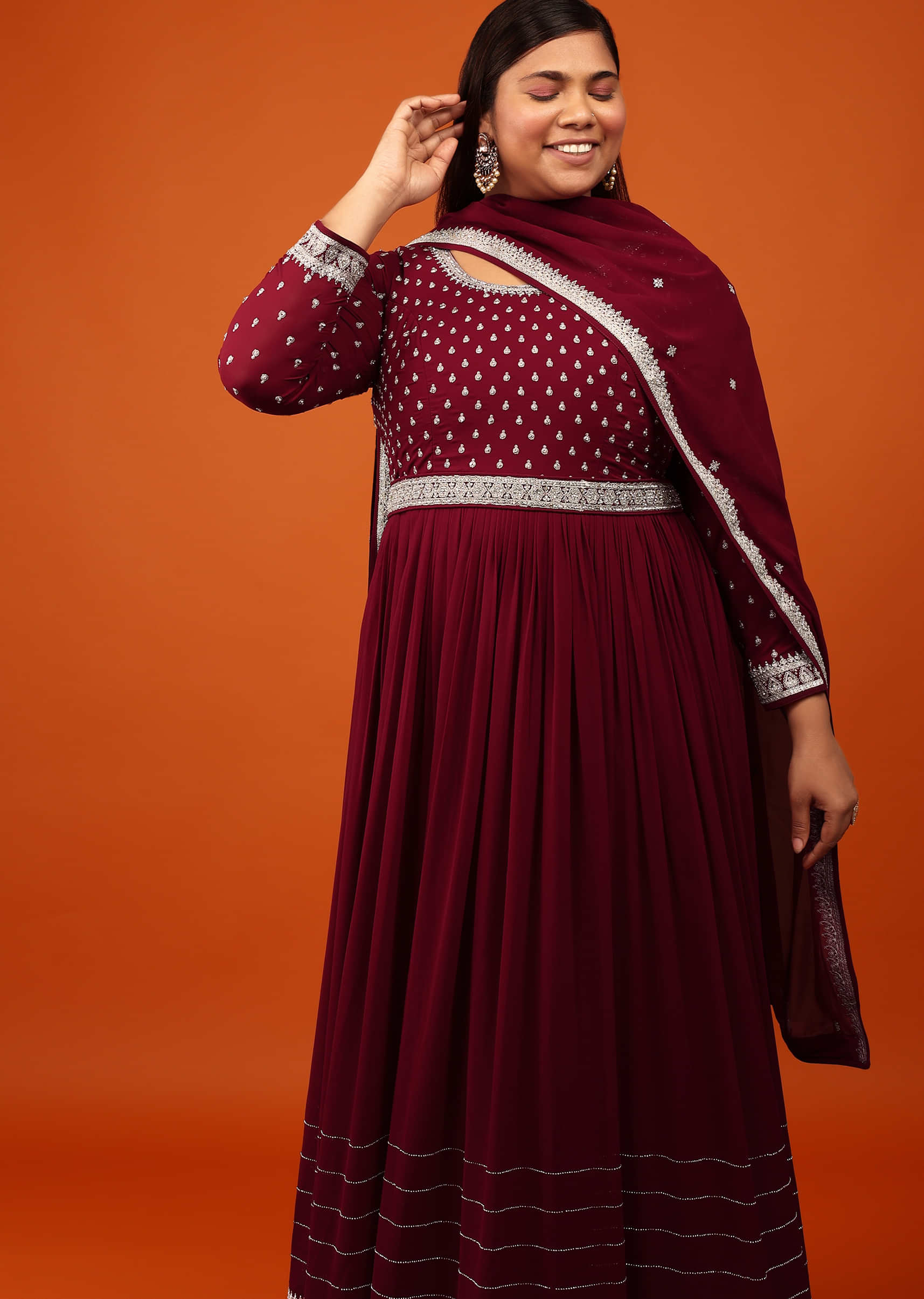 Wine Red Anarkali Suit In Georgette With Alluring Embroidery In Zari And Stone
