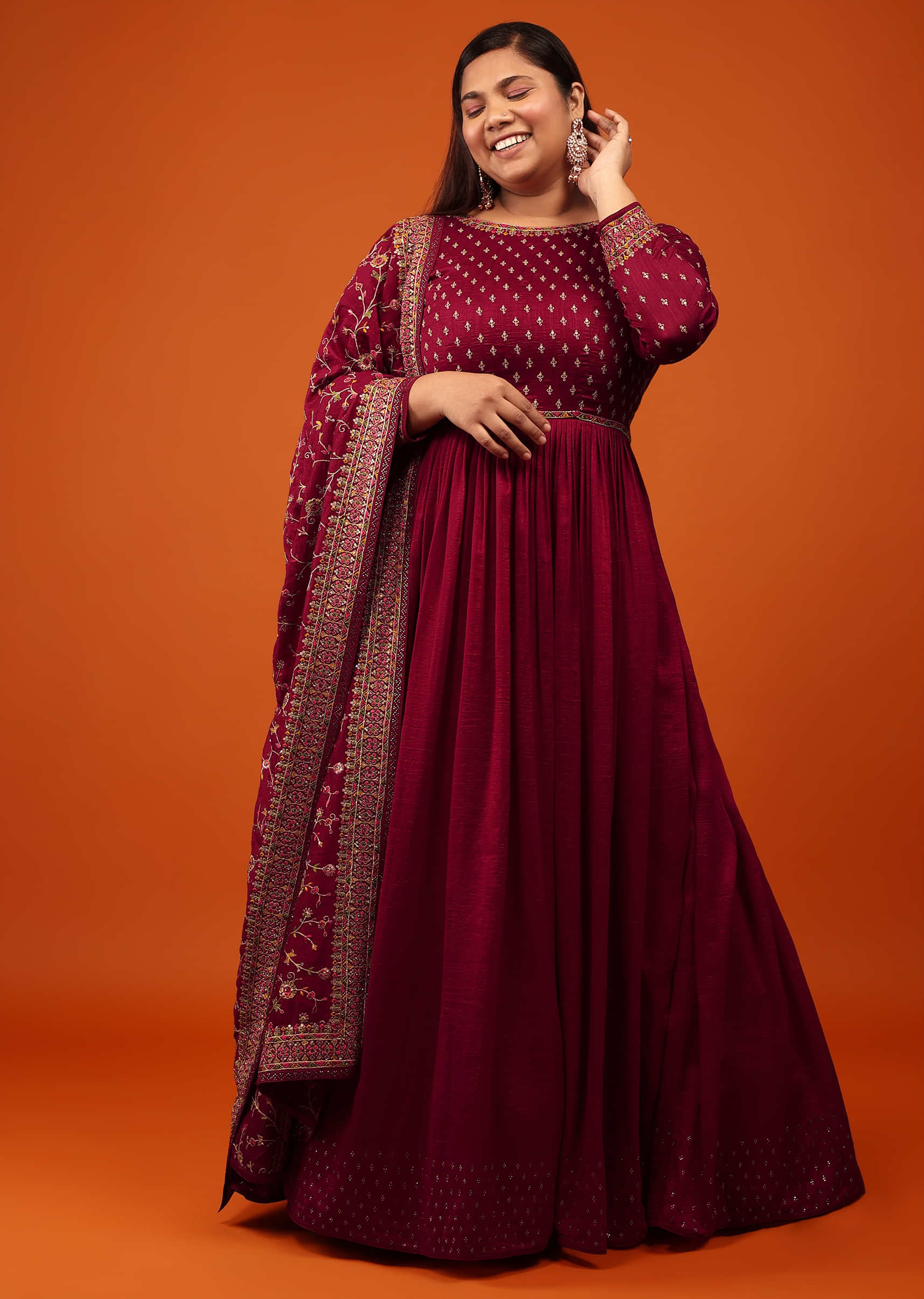 Rumba Red Anarkali Suit With Multi-Coloured Thread And Zari Embroidered Dupatta