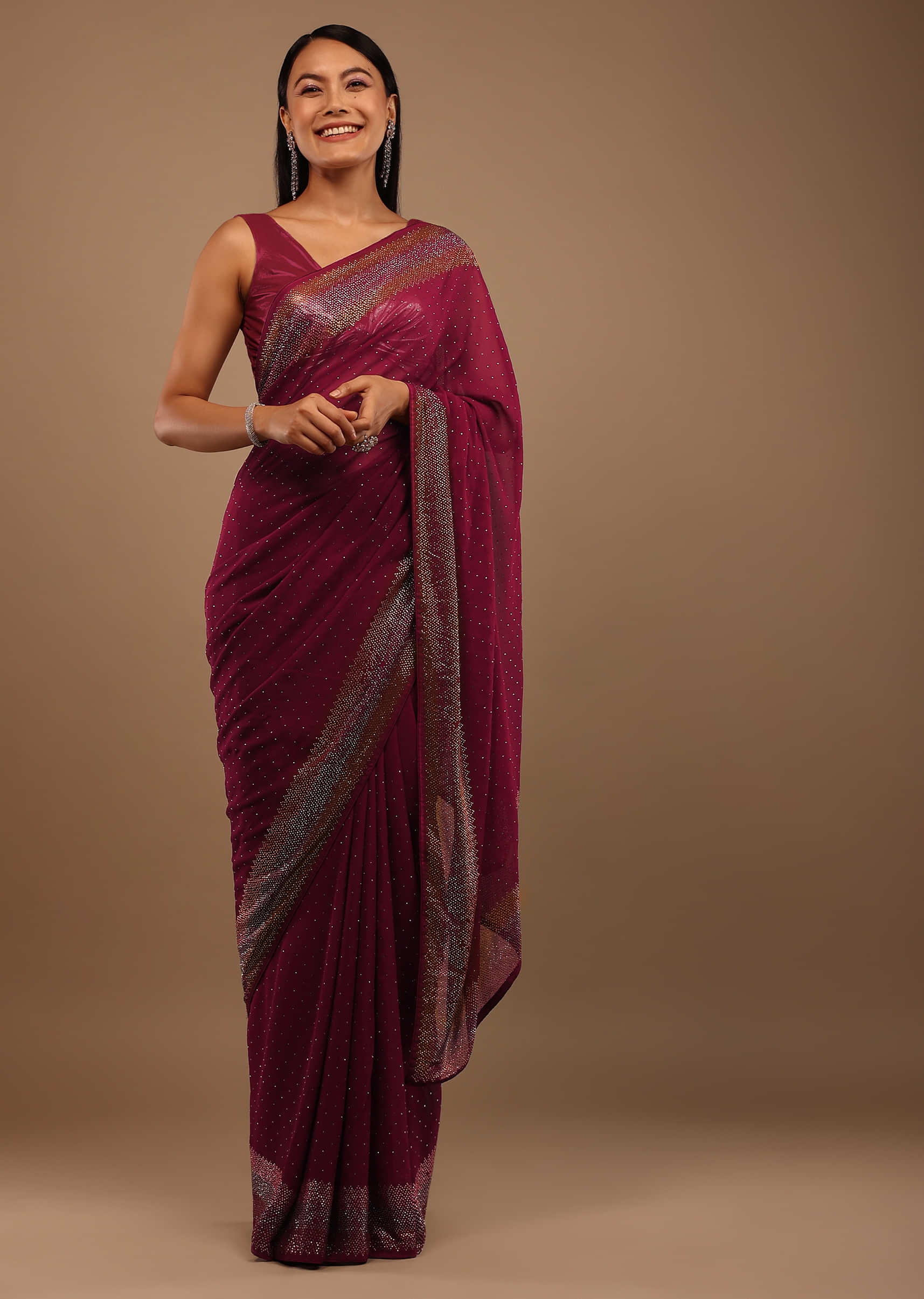 Rumba Red Saree In Georgette And Two-Tone Stone Work 
