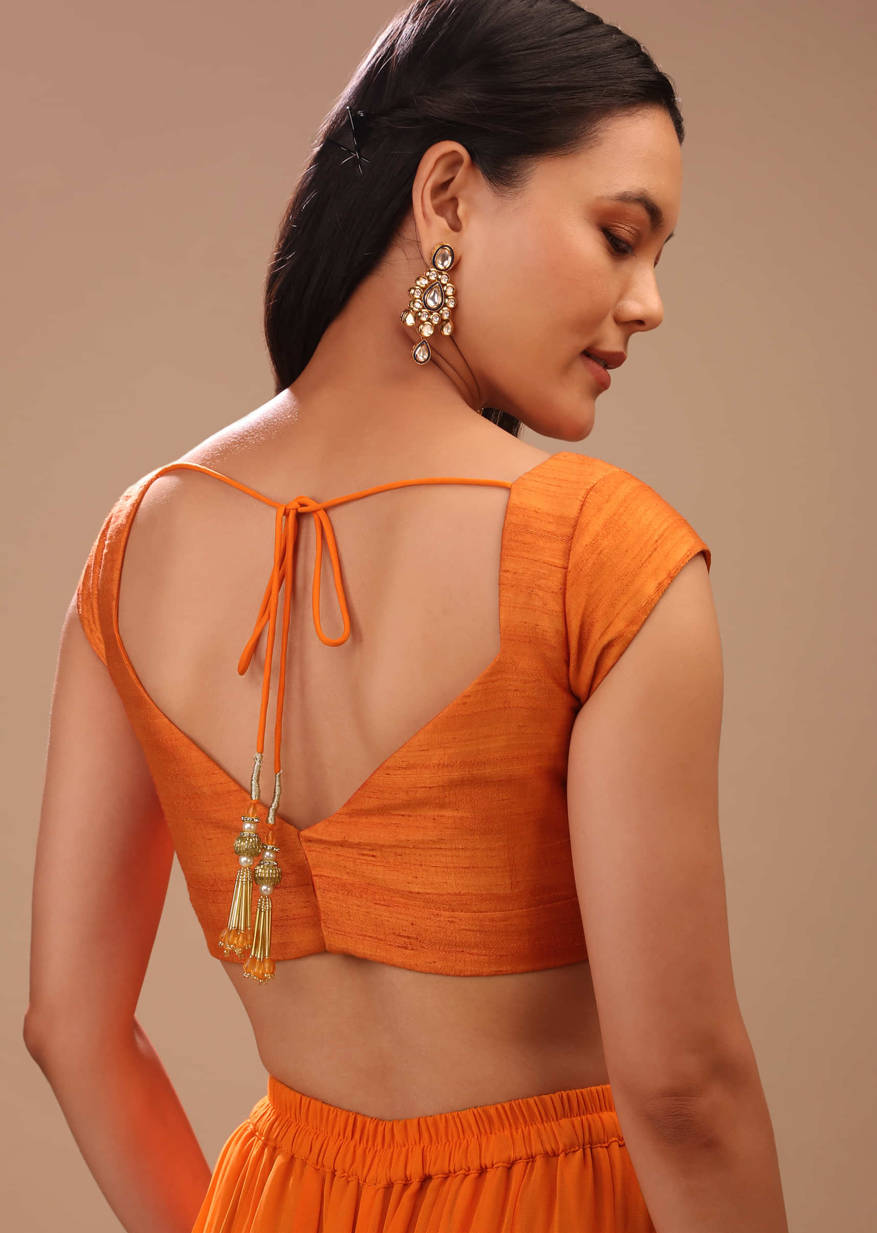Russet Orange Blouse In Raw Silk With Sweetheart Neckline And Cap Sleeves