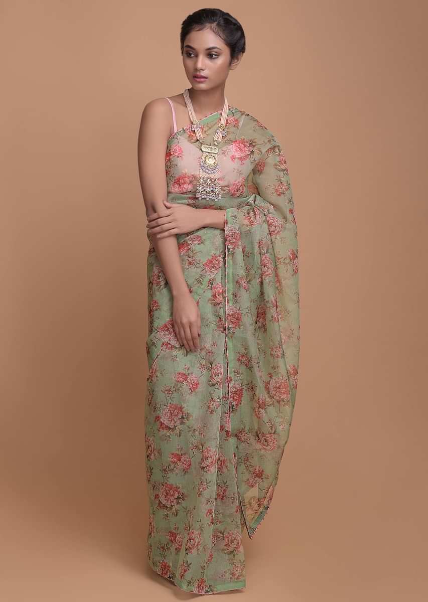 Russian Green Saree In Organza With Floral Print And Kundan Work  