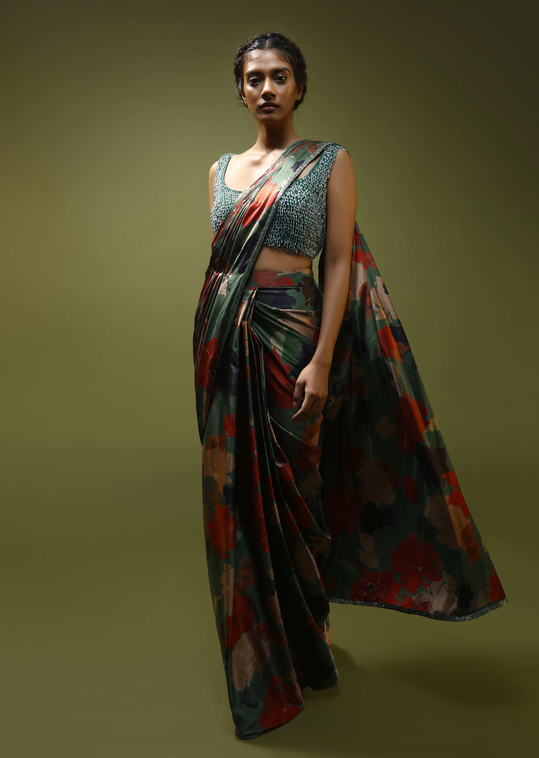 Russian Green Ready Pleated Saree In Satin With Multi Colored Tropical Print And Cut Dana Embroidered Blouse  