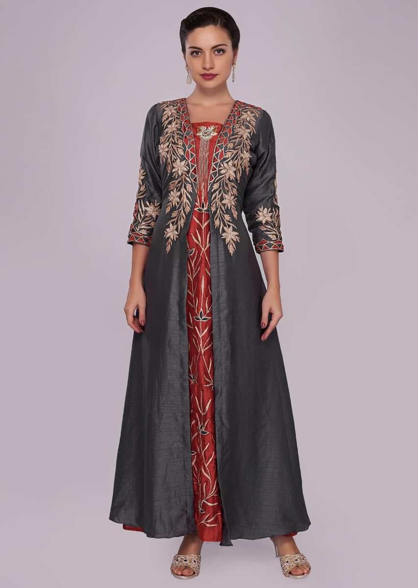 Rust and graphite grey jacket kurti with resham and patch work 