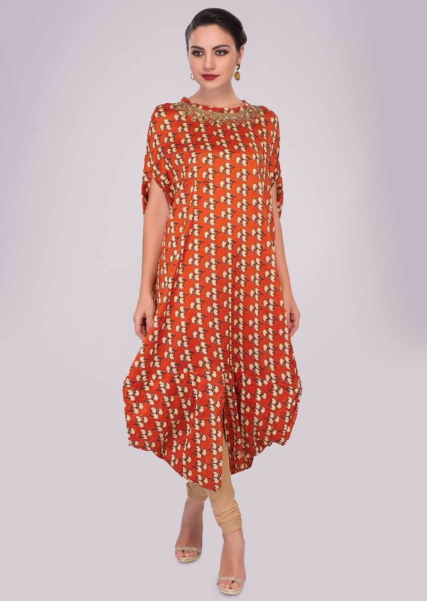 Rust fancy cotton tunic with floral printed butti 