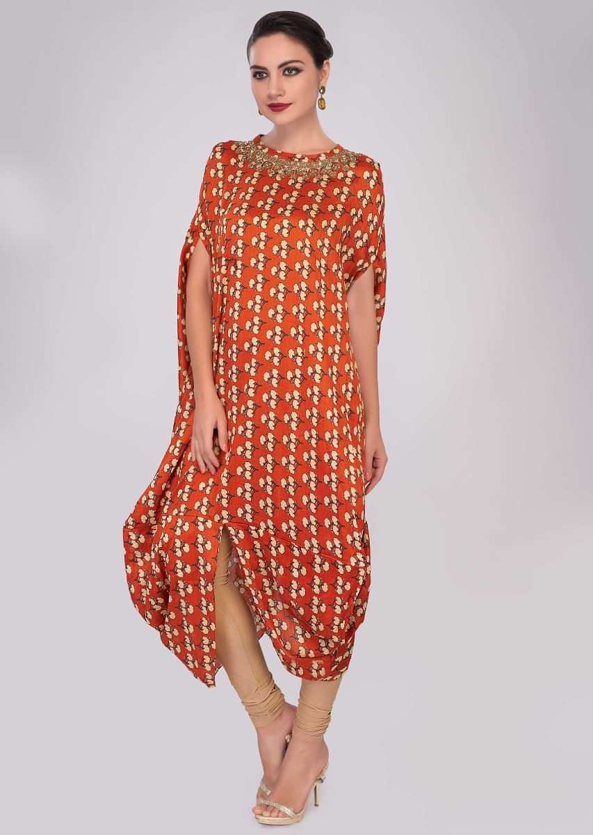 Rust fancy cotton tunic with floral printed butti 