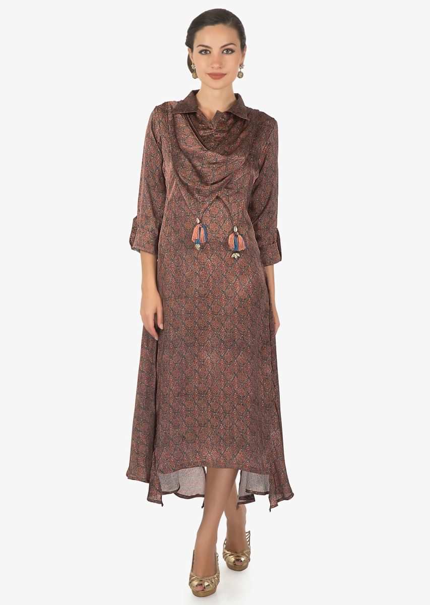 Rust printed kurti with attach scarf 