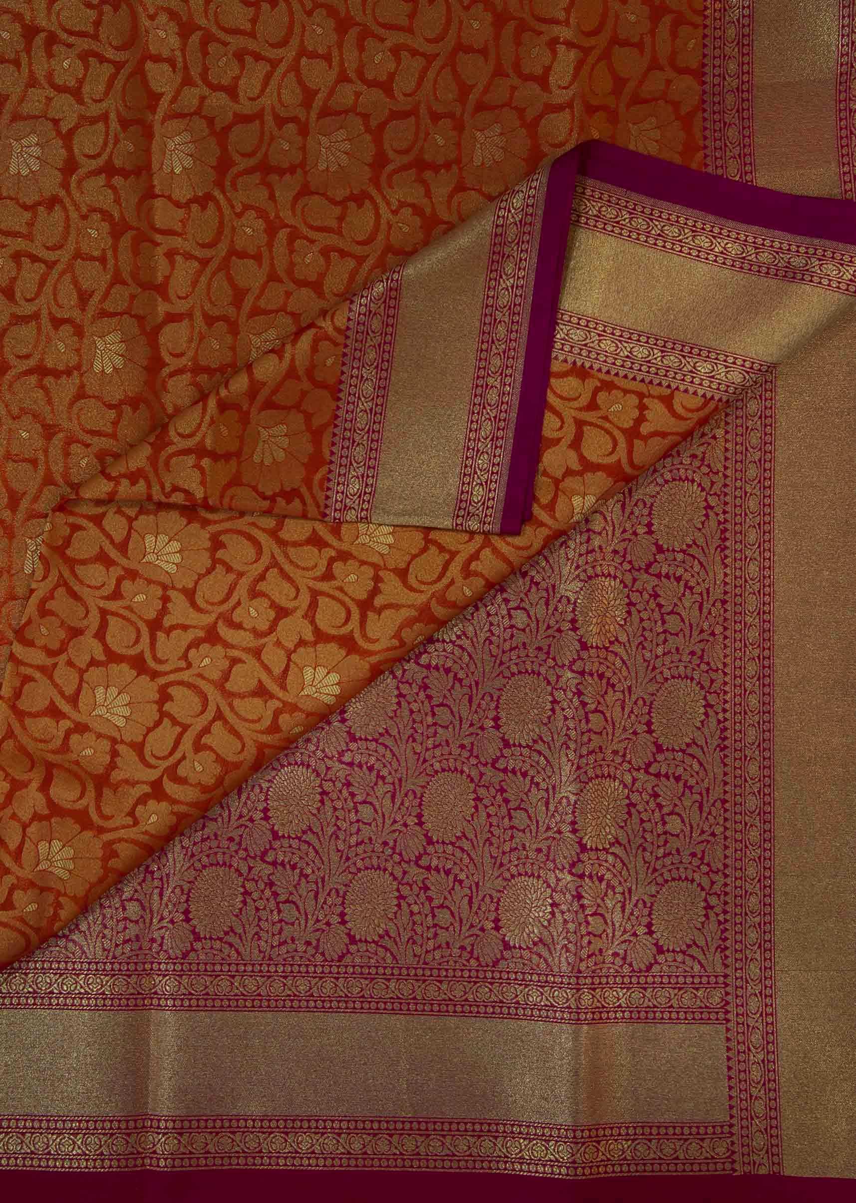 Rust And Mustard Saree In Silk With Contrast Border Online - Kalki Fashion