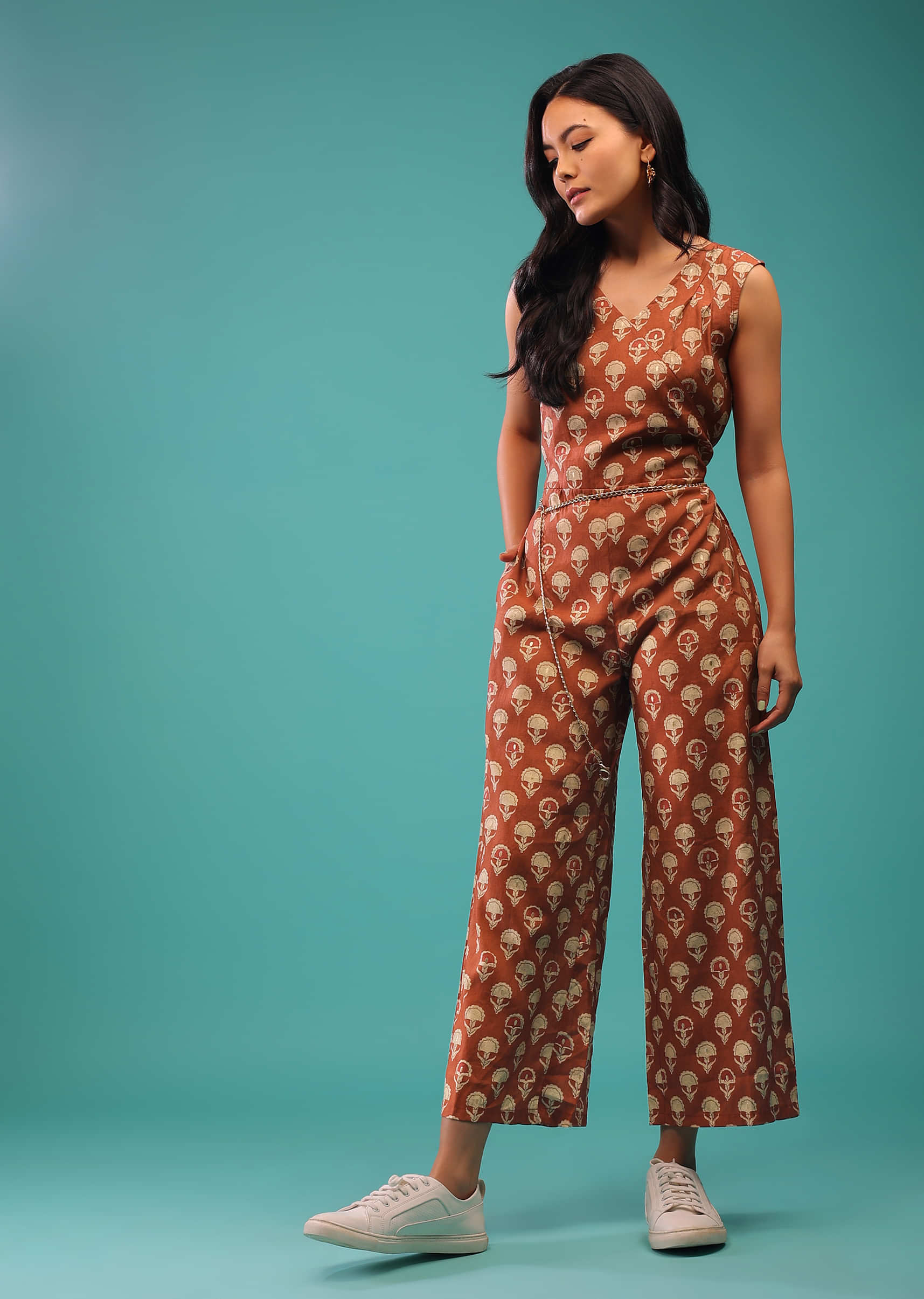 Rust Brown Jumpsuit With Floral Prints And Waist Belt
