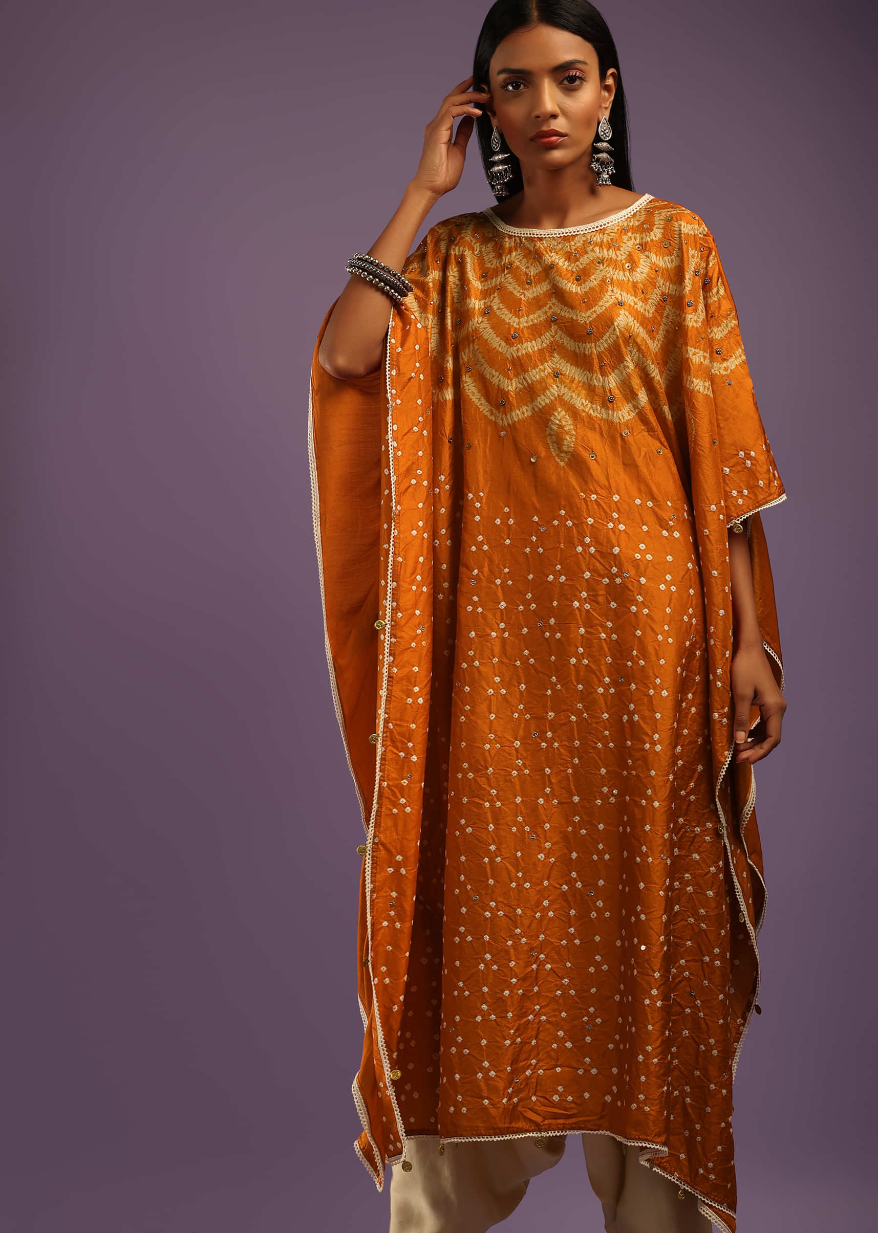 Rust Kaftan Suit In Crepe With Real Bandhani And Tie Dye Design  