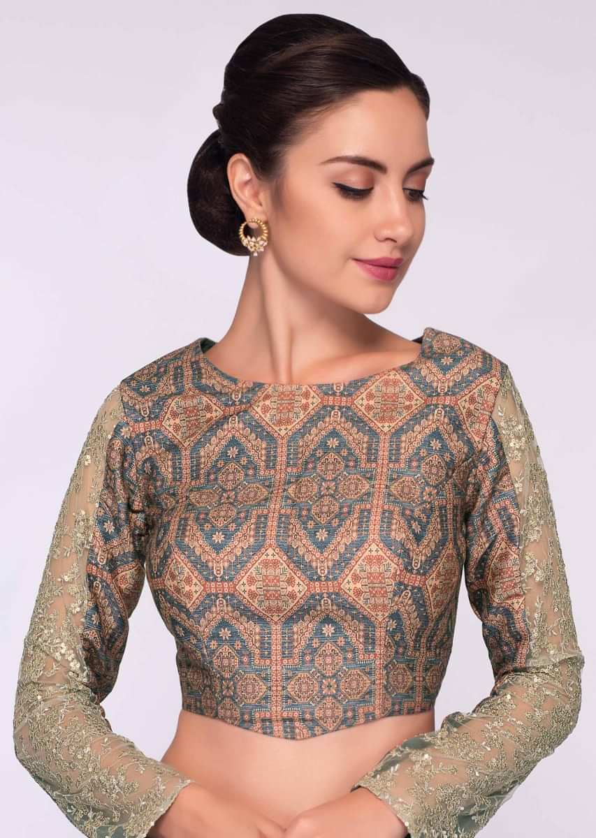 Rustic brown kalamkari printed blouse  with net embroidered sleeves