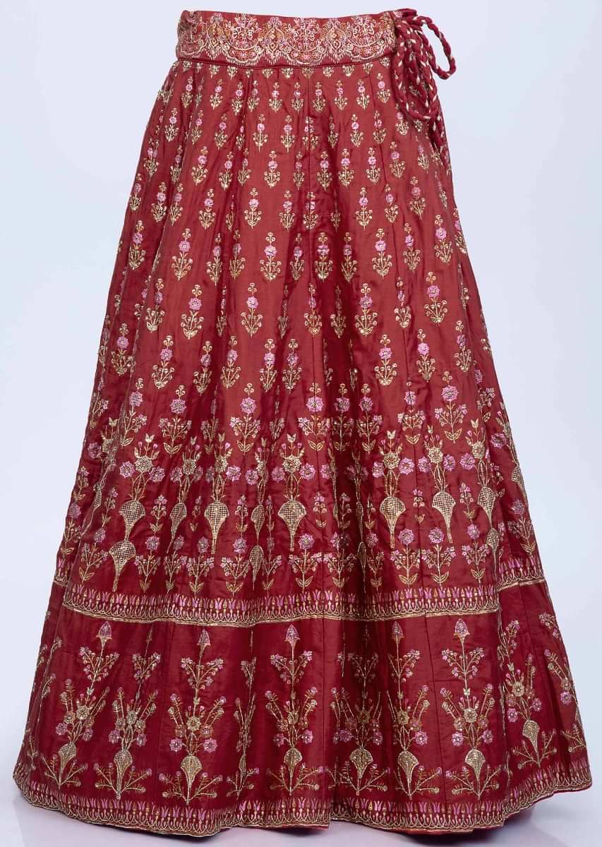 Rustic brown printed cotton silk lehenga with contrasting pink net dupatta with butti and border only on Kalki