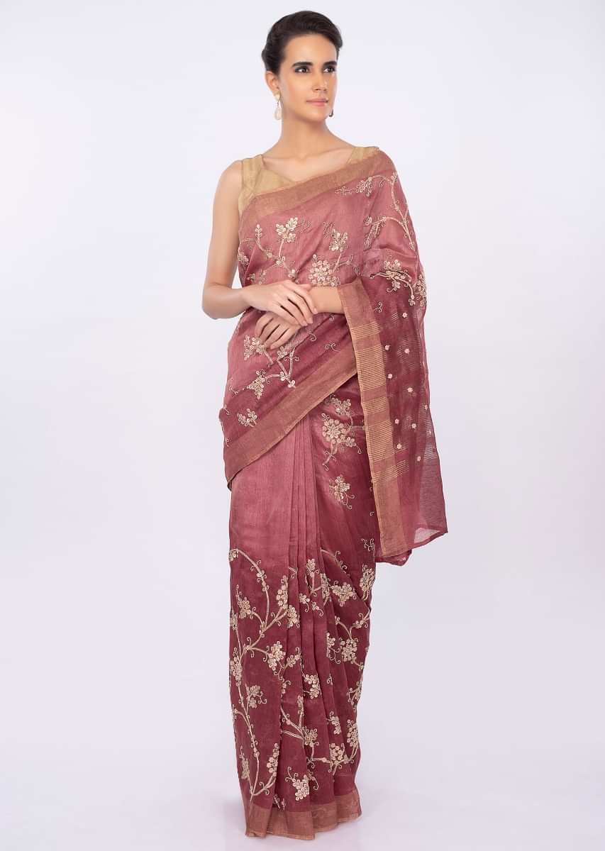 Rustic pink linen saree in floral jaal embroidery only on kalki