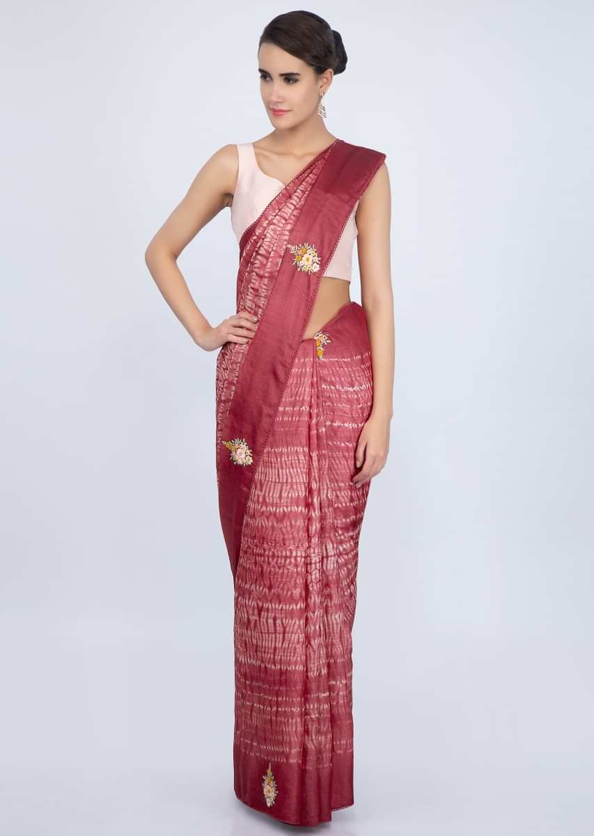 Rustic red tussar silk saree with batik print and thread embroidered butti only on Kalki