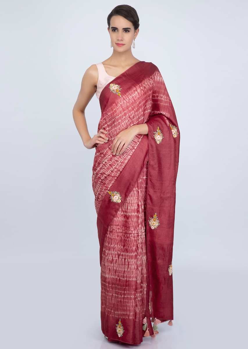 Rustic red tussar silk saree with batik print and thread embroidered butti only on Kalki