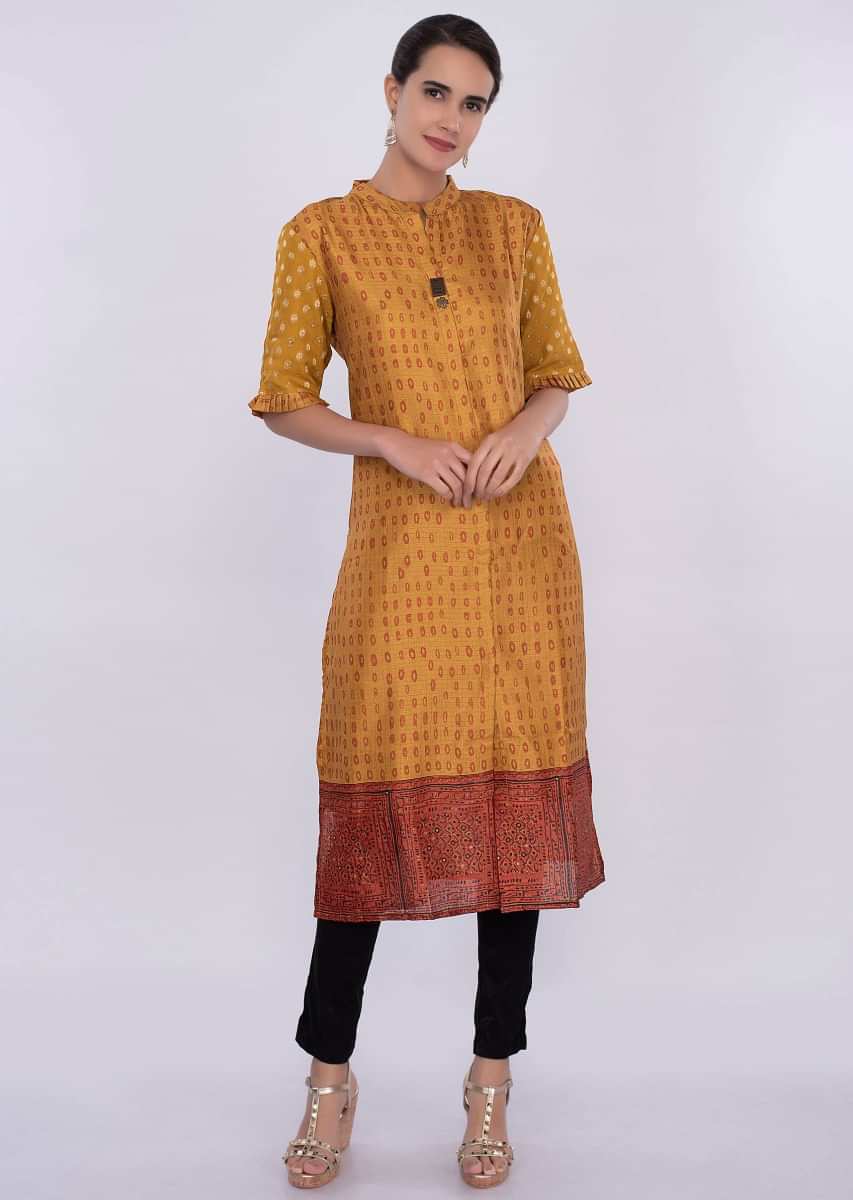 Rustic yellow cotton silk kurti in printed butti only on Kalki