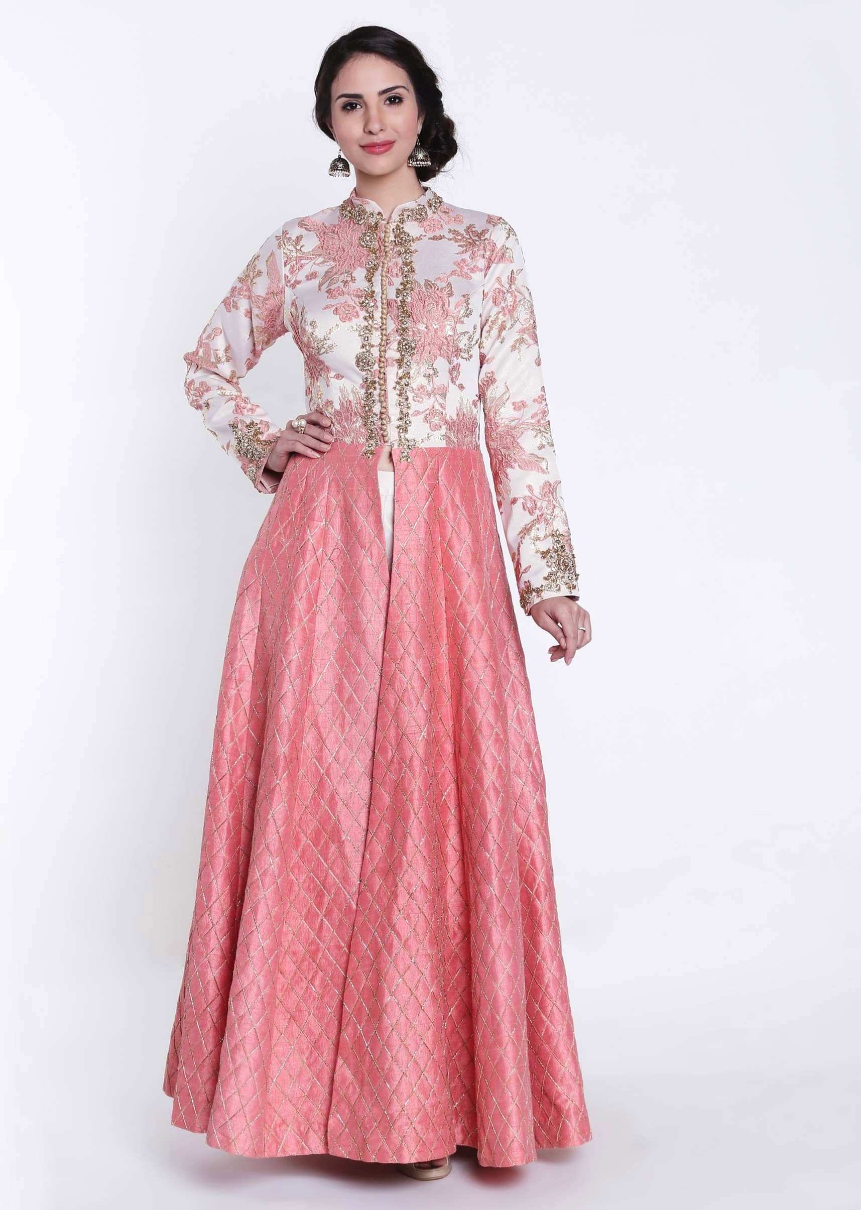 Sachet pink and cream A line suit with embroidered placket only on Kalki