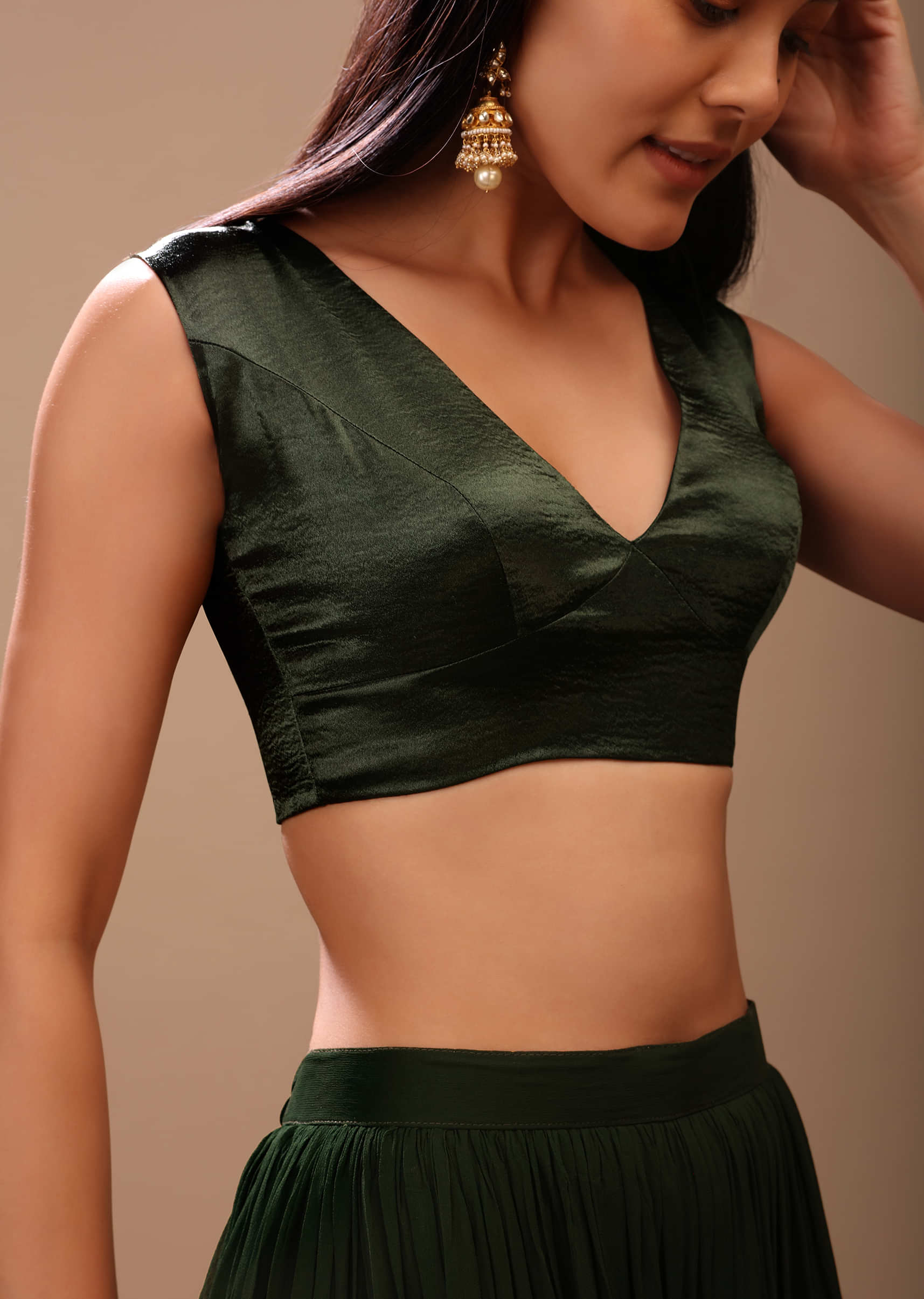Sacramento Green Blouse In Satin With Plunging V Neckline And Back Zip Closure