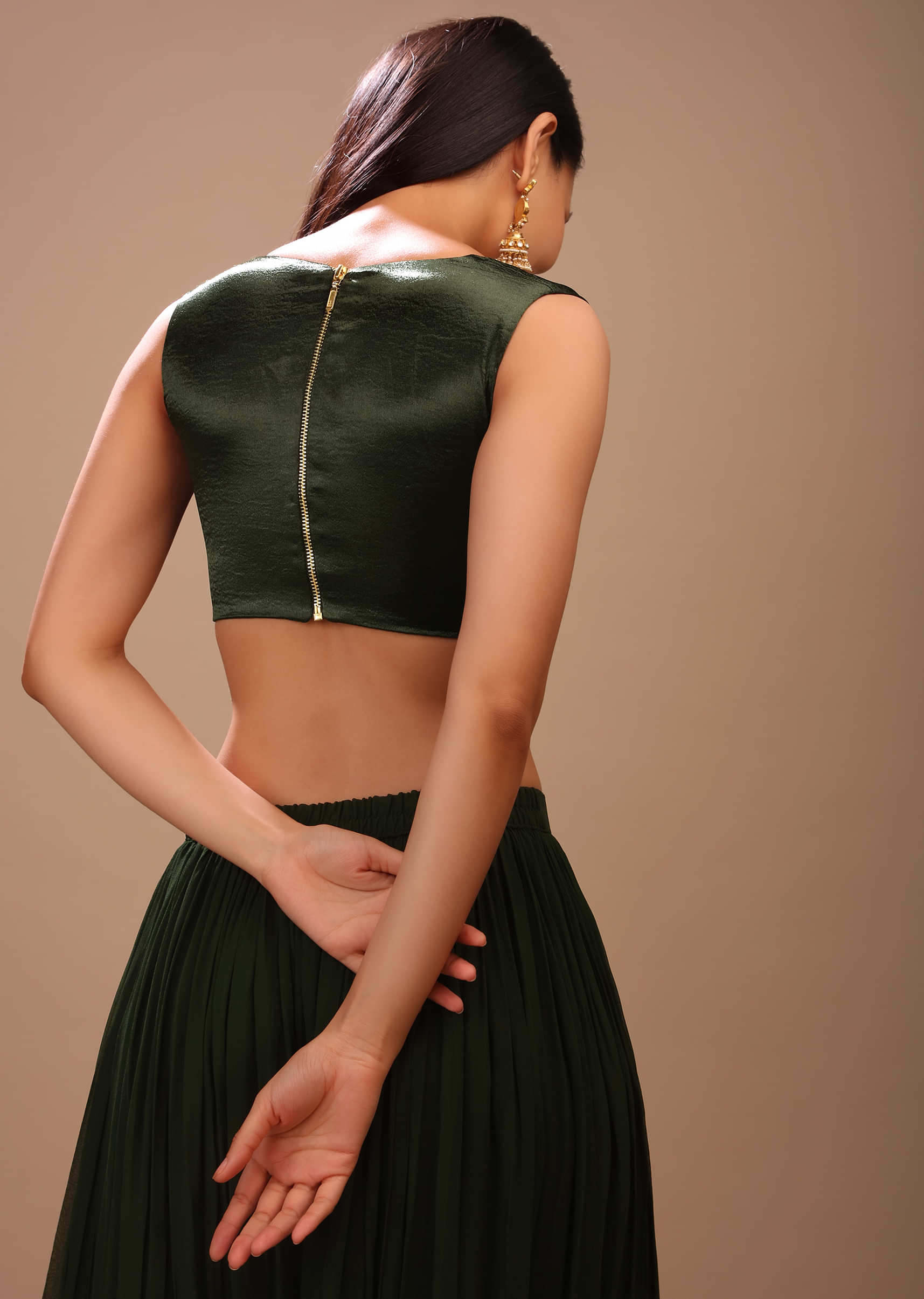 Sacramento Green Blouse In Satin With Plunging V Neckline And Back Zip Closure