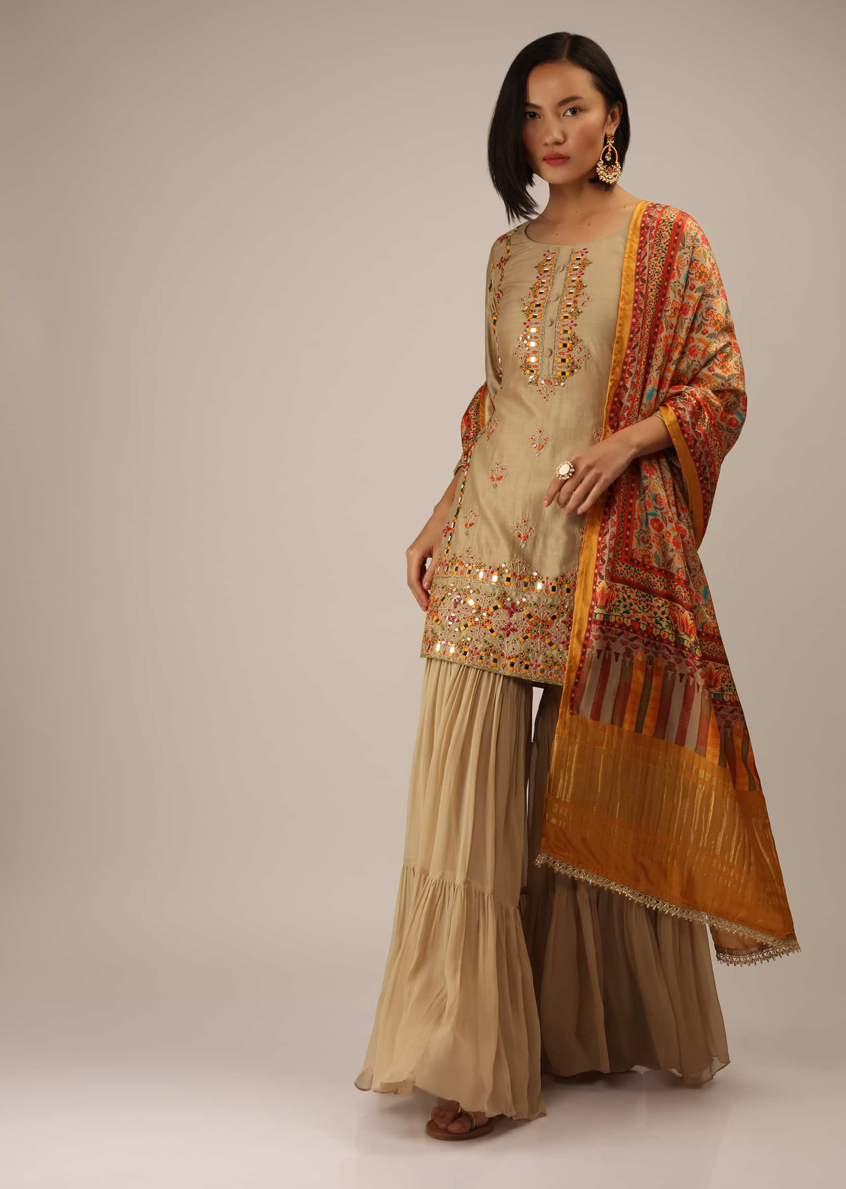 Safari Beige Sharara Suit In Cotton Silk With Multi Colored Resham And Mirror Embroidery
