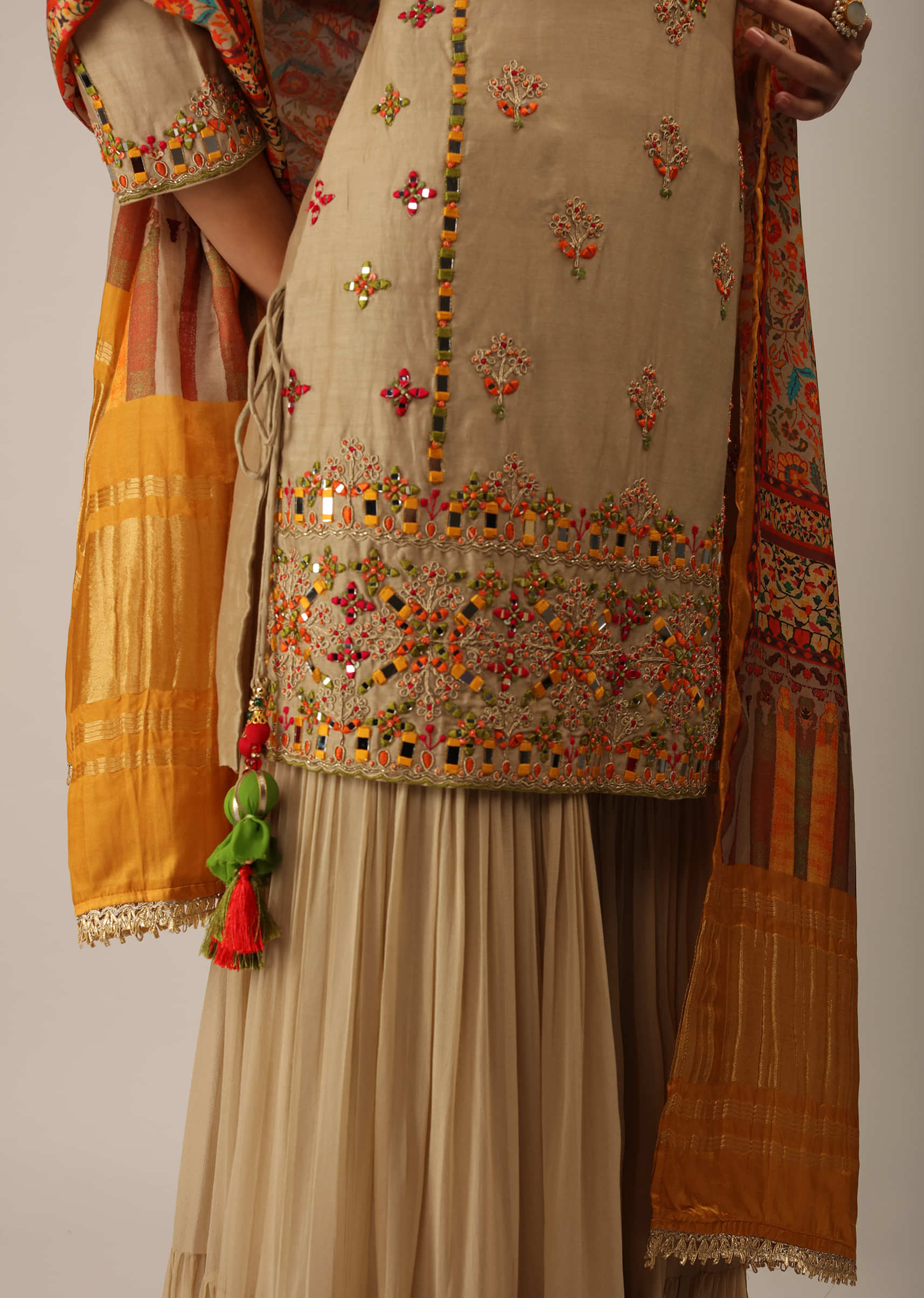 Safari Beige Sharara Suit In Cotton Silk With Multi Colored Resham And Mirror Embroidery